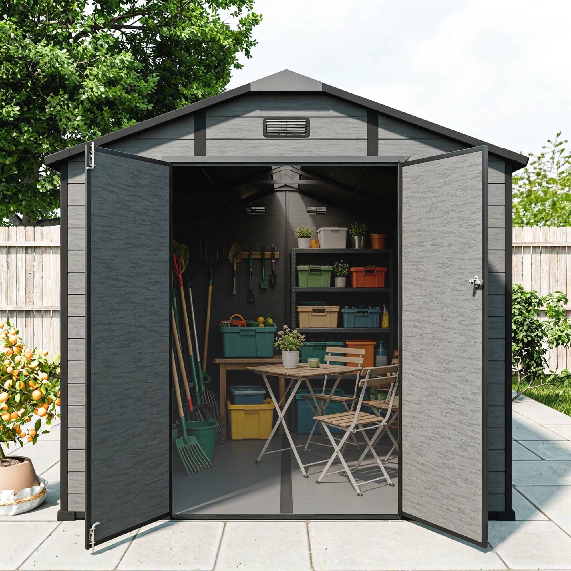 8x14 FT Plastic Outdoor Storage Shed - Lockable Resin Tool Shed with 2 Window & 3 Air vents