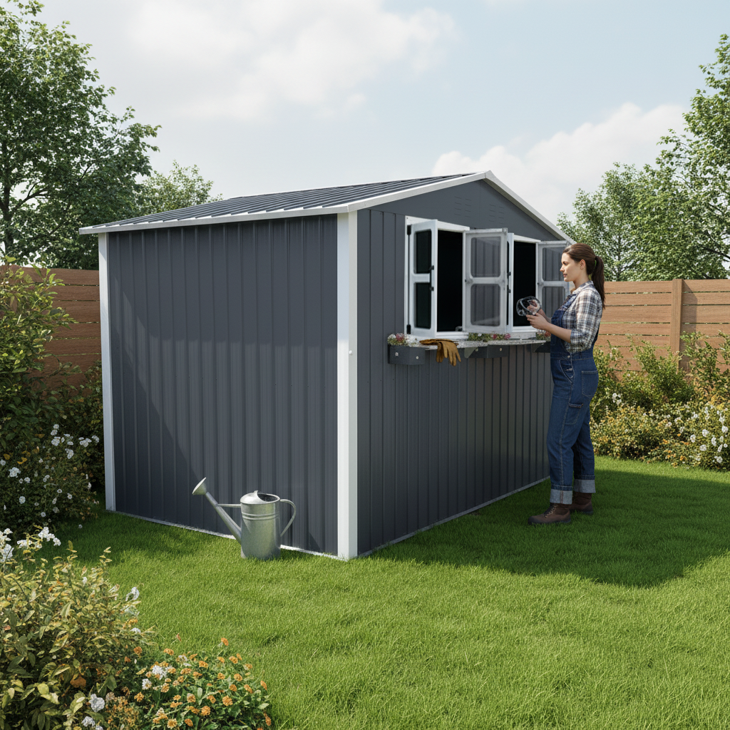 6x9 FT Outdoor Metal Storage Shed with Window & Flower Rack