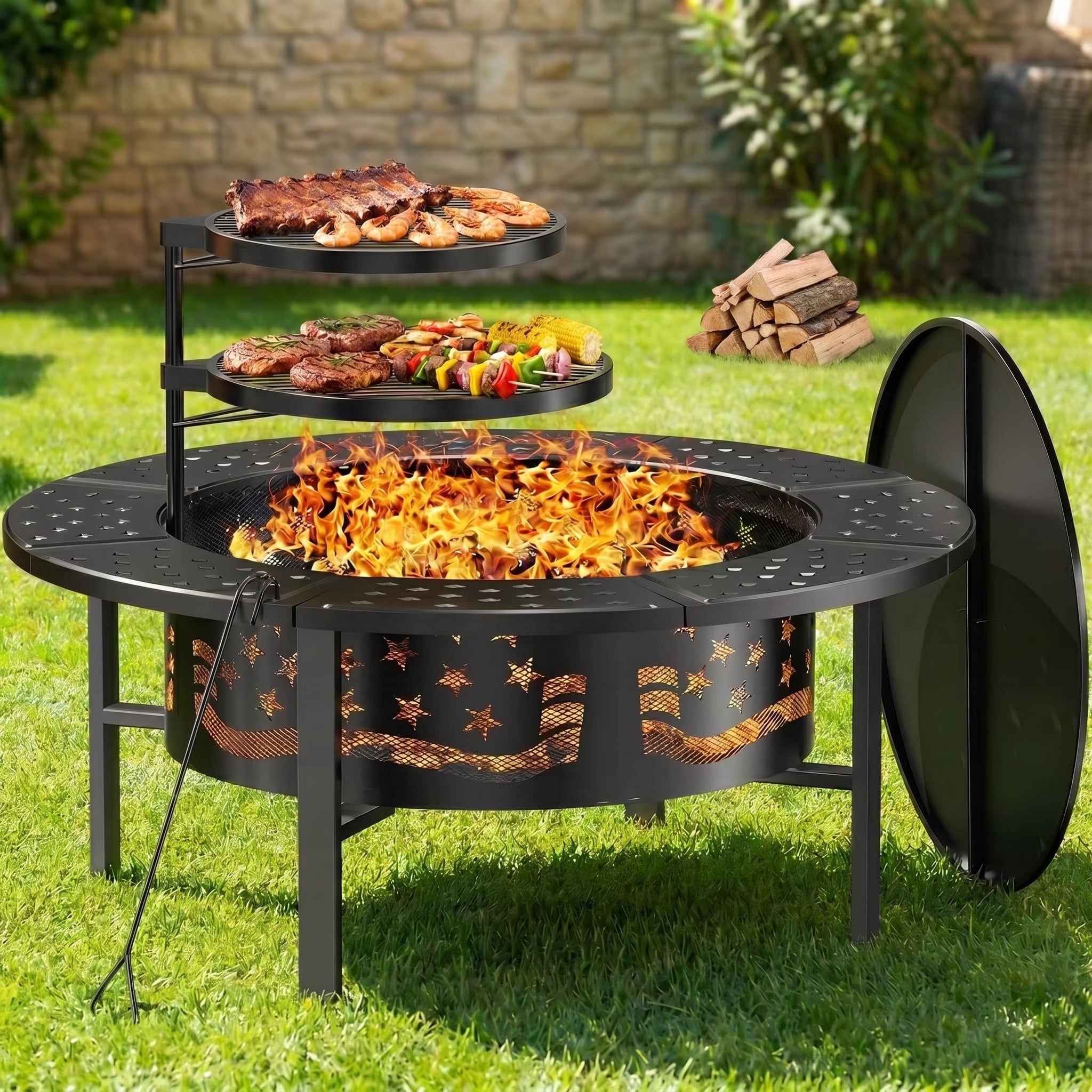 Trumanpick Fire Pit for outside 42" Wood Burning Fire Pit Tables with 2 Adjustable Swivel BBQ Grills, Lid, Poker for Patio Backyard BBQ Ice Storage