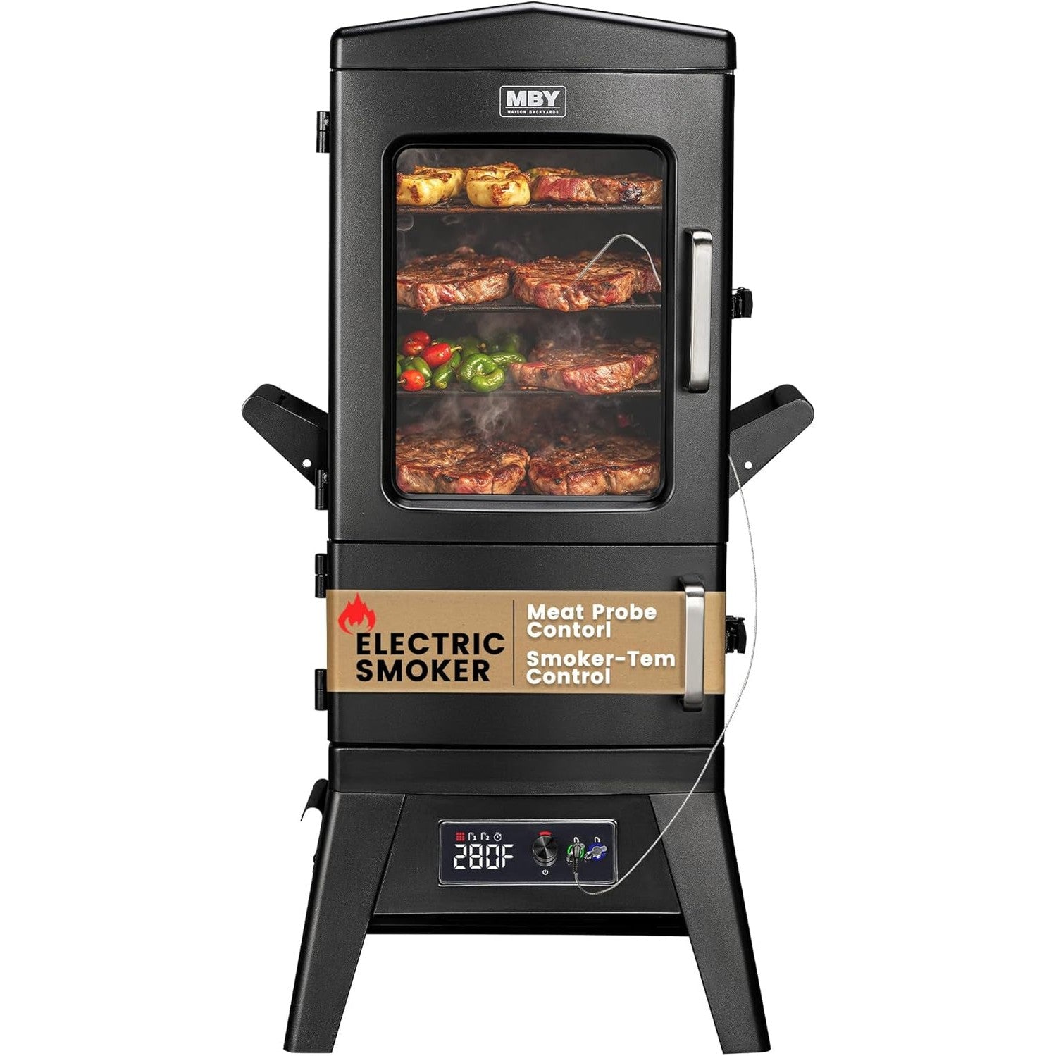 Electric Smoker with Cover, LED Display Build in Meat Probe Large Capacity BBQ Smokers, 4 Racks Smoke More with 633 Sq in Cooking Area, Black