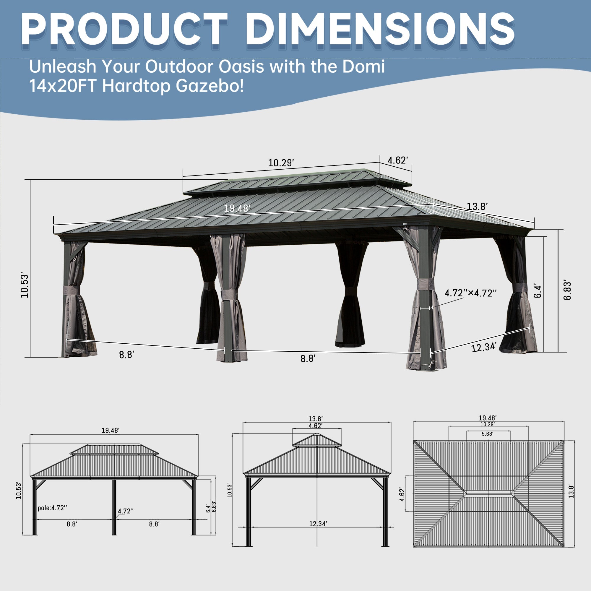 14' x 20' Hardtop Gazebo Outdoor Metal Gazebo Canopy