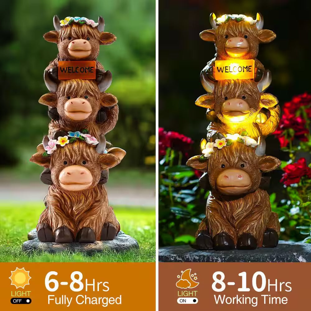 Garden Highland Cow Statue Solar Outdoor Decor with Flower Decoration Funny Triple Highland Cow Decor