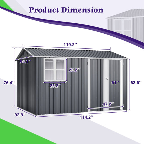 10 X 8FT Outdoor Steel Storage Shed with Clear Window & Lockable Doors