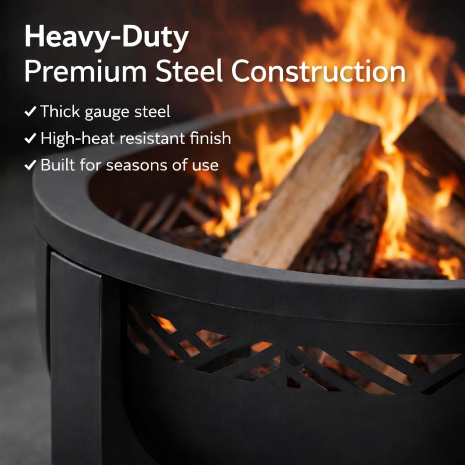 Fire Chief Wood Burning Fire Pit with Tabletop Lid â€“ Modern Outdoor Metal Fire Pit for Patio & Backyard â€“ Premium Heavy Duty Fire Pit Bowl with Multi-Use Side Table (Decorative Bowl)