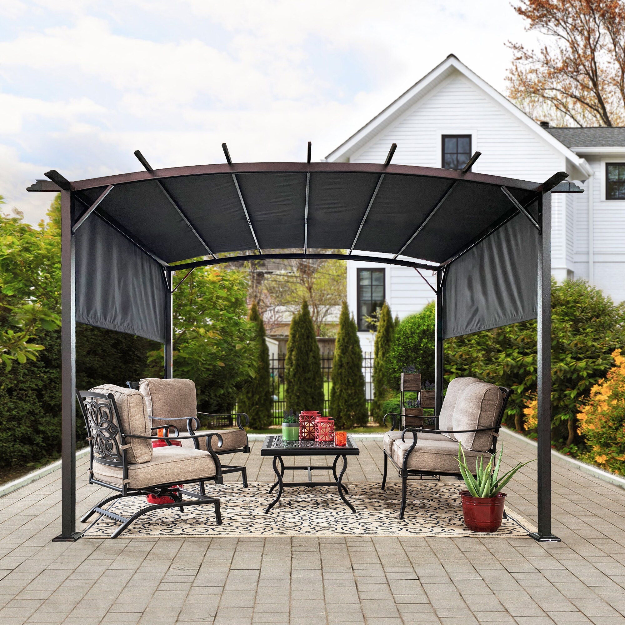 12' x 9' Outdoor Patio Pergola Gazebo - Steel Frame Sun Shelter With Retractable Canopy