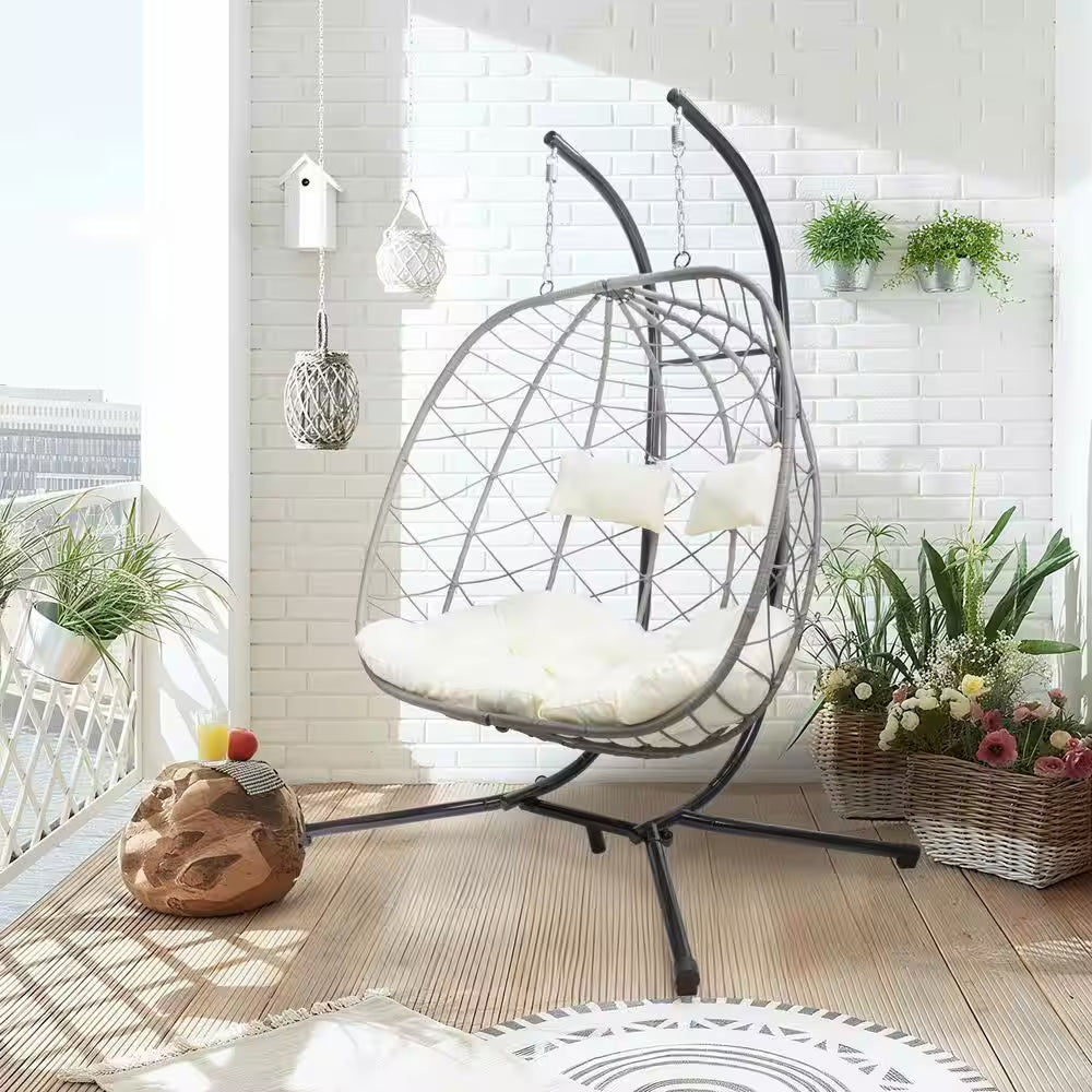 Hanging Swing 2 Seat Chair with Stand, Patio Wicker Hammock Egg Swing with Cushion for Bedroom Garden Indoor Outdoor