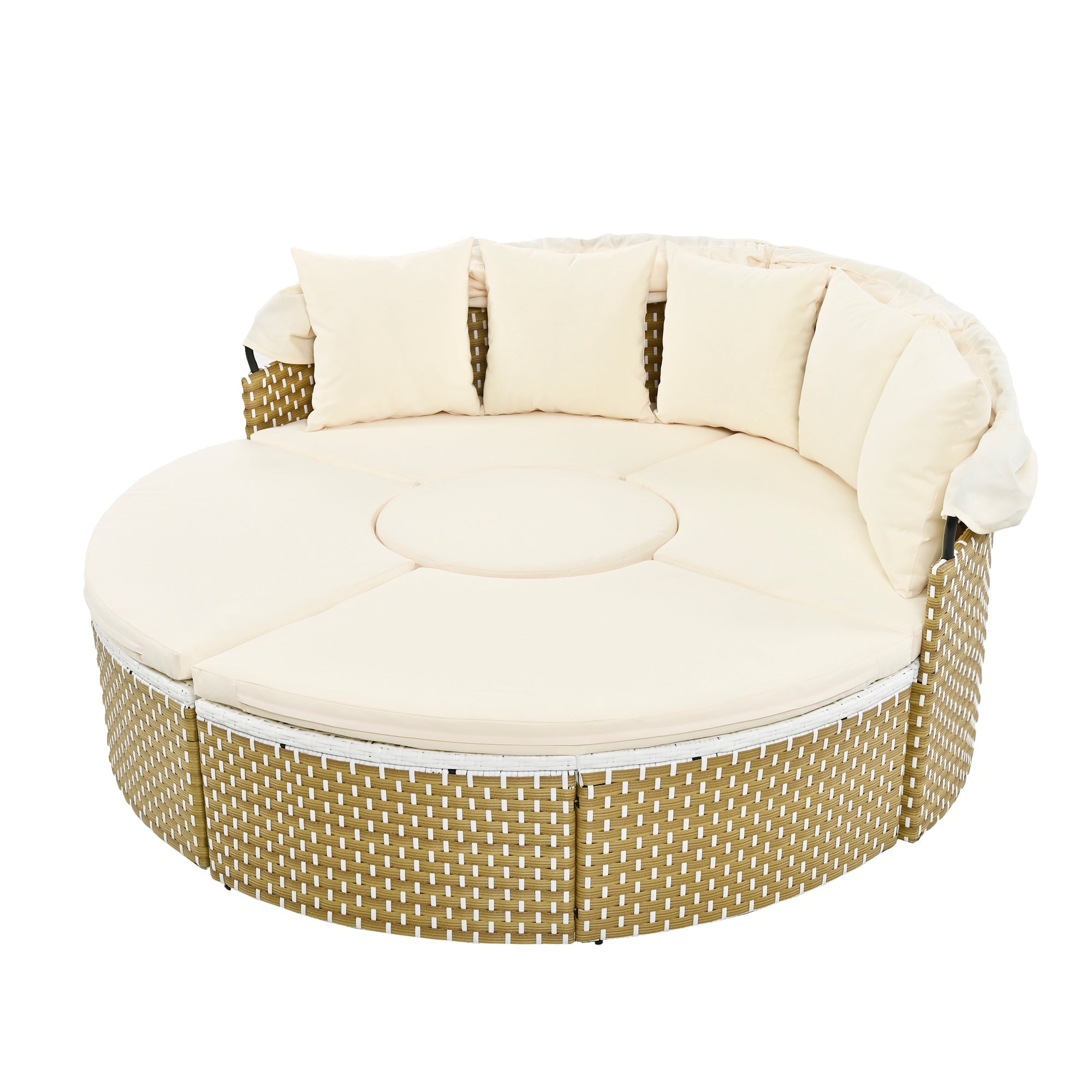 Outdoor Patio Round Rattan Daybed Sectional Beige Retractable Canopy