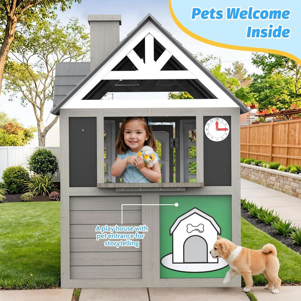 Gray Cedar Outdoor Playhouse With Realistic Kitchen