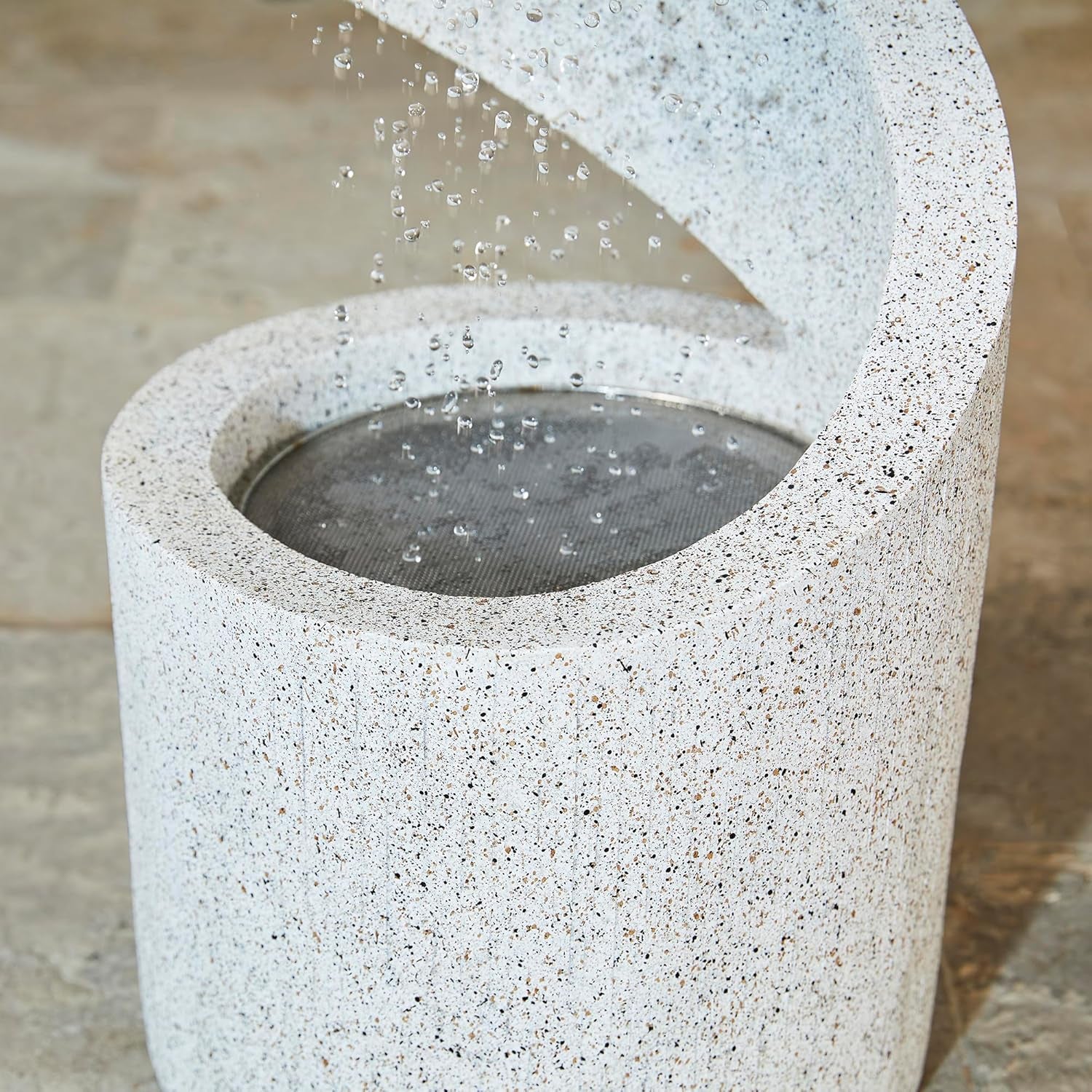 Outdoor Water Fountain with LED Light, Decorative Tiered Curved Waterfall Fountain with Stone Planter, Faux Terrazzo Spiral Shaped Outdoor Fountains for Garden Deck Patio Porch, 31.25â€H