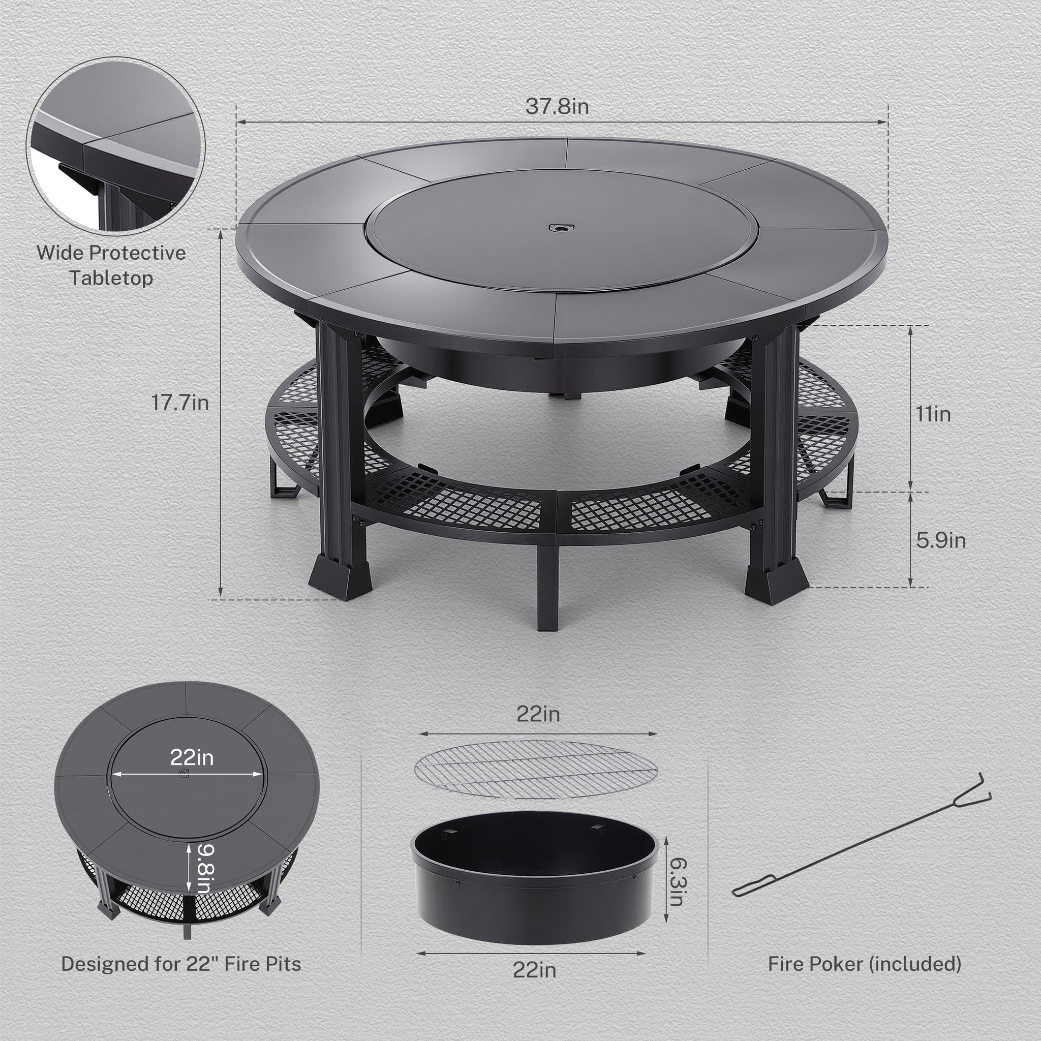 38" Outdoor Fire Pit Table with Grill & Firewood Rack, Wood Burning Fire Pit for Backyard Gatherings, Patio Heating & Outdoor Entertaining, BBQ with Pit Cover, Poker, BBQ Grate, round Fire Pit, Black