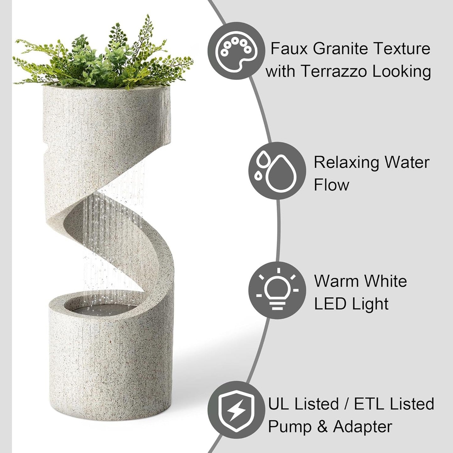 Outdoor Water Fountain with LED Light, Decorative Tiered Curved Waterfall Fountain with Stone Planter, Faux Terrazzo Spiral Shaped Outdoor Fountains for Garden Deck Patio Porch, 31.25â€H