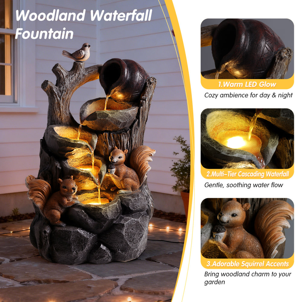 Squirrel Outdoor Water Fountain with LED Lights