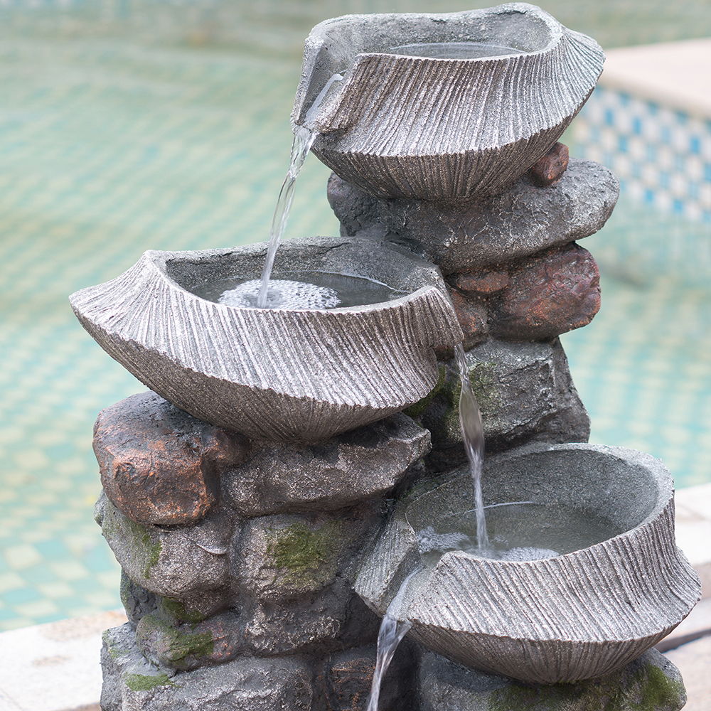 4 Tier Poly resin Cascading Rock Bowl Freestanding Fountain With LED Ligh - Gray