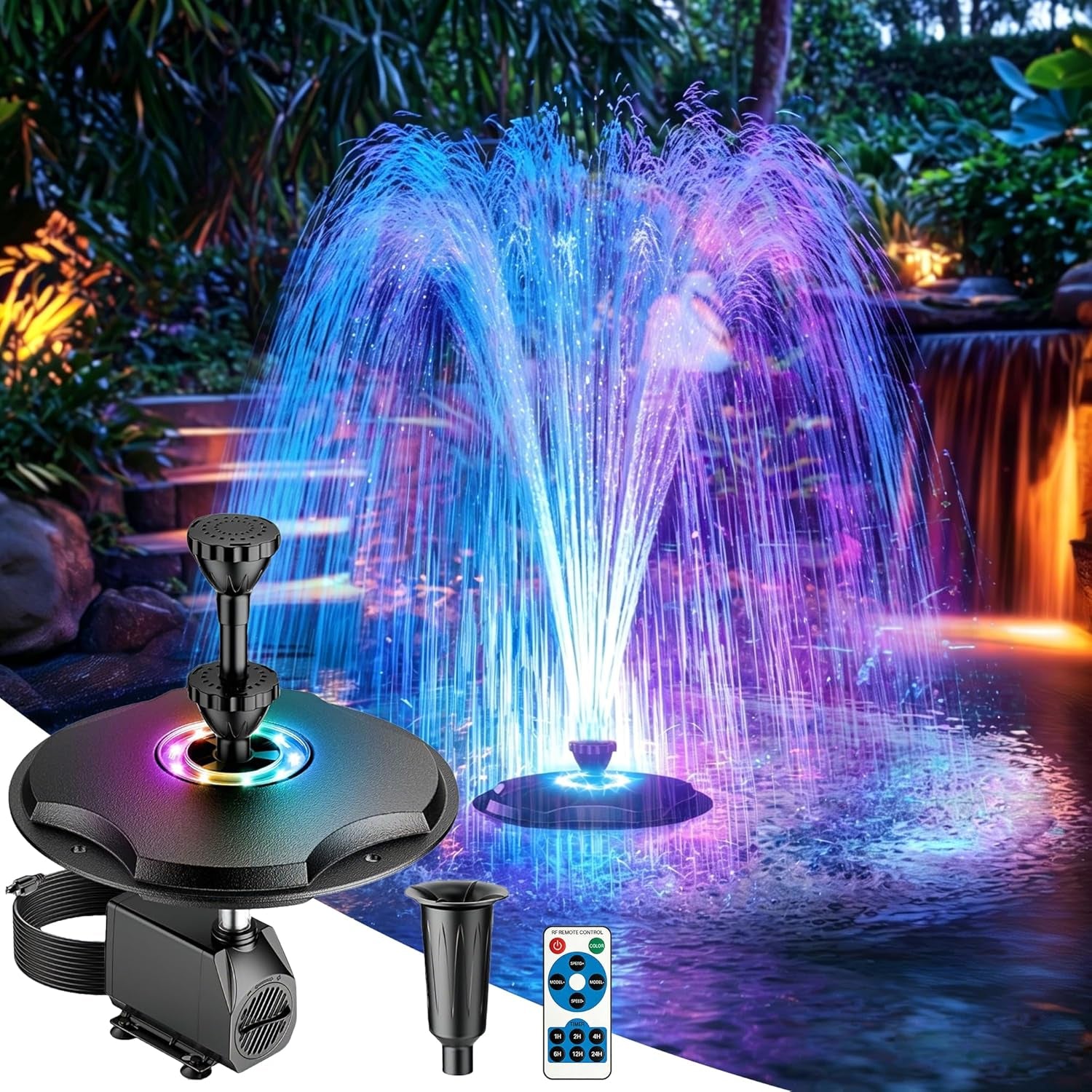 Floating Pond Fountain with Remote Control RGB LED Lights, 40W 660GPH Water Pump with 3 Spray Modes, Floating Fountain 27FT Cord & 65.6FT Mooring Line for Garden Ponds, Outdoor Water Features