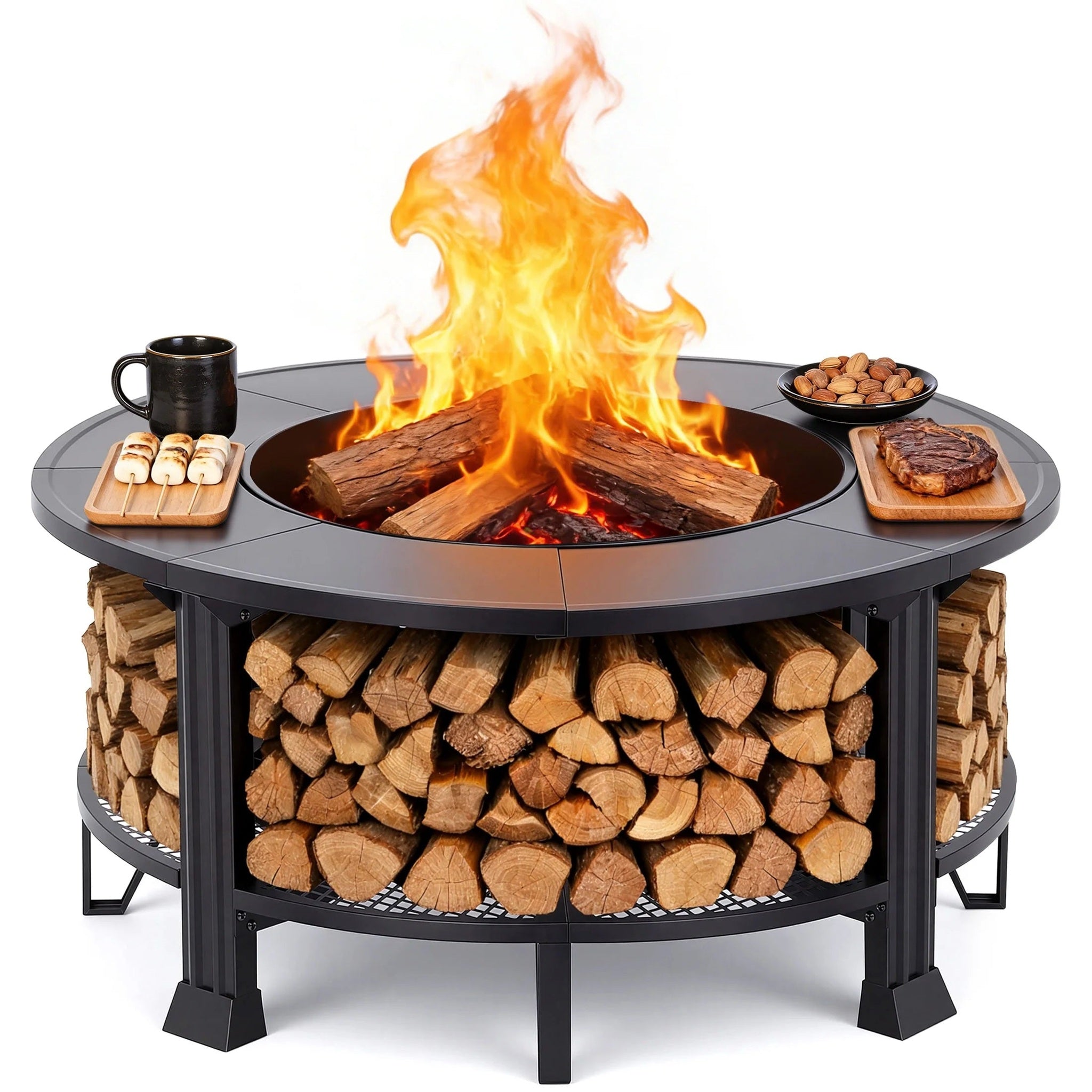 38" Outdoor Fire Pit Table with Grill & Firewood Rack, Wood Burning Fire Pit for Backyard Gatherings, Patio Heating & Outdoor Entertaining, BBQ with Pit Cover, Poker, BBQ Grate, round Fire Pit, Black