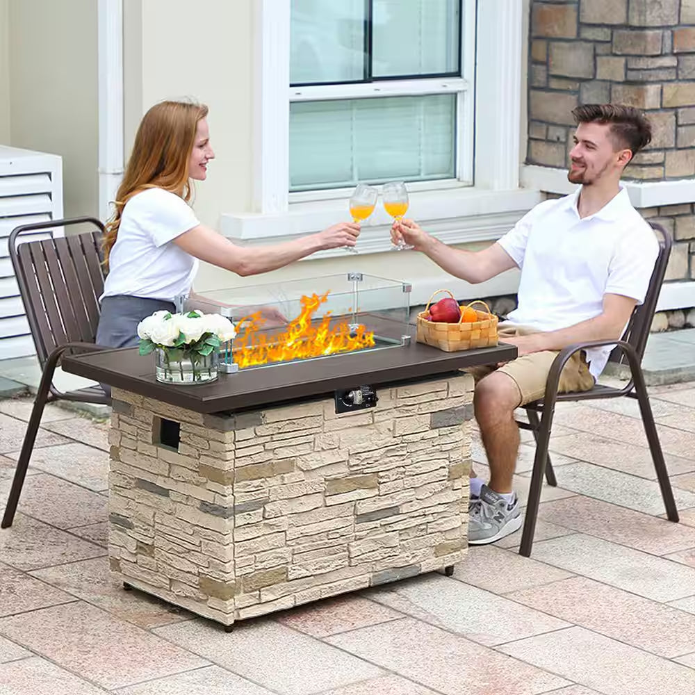 43 In. Propane Fire Pit Table Outdoor Stone Firepit Table Rectangular 50000 BTU Propane Fire Tables-Buff