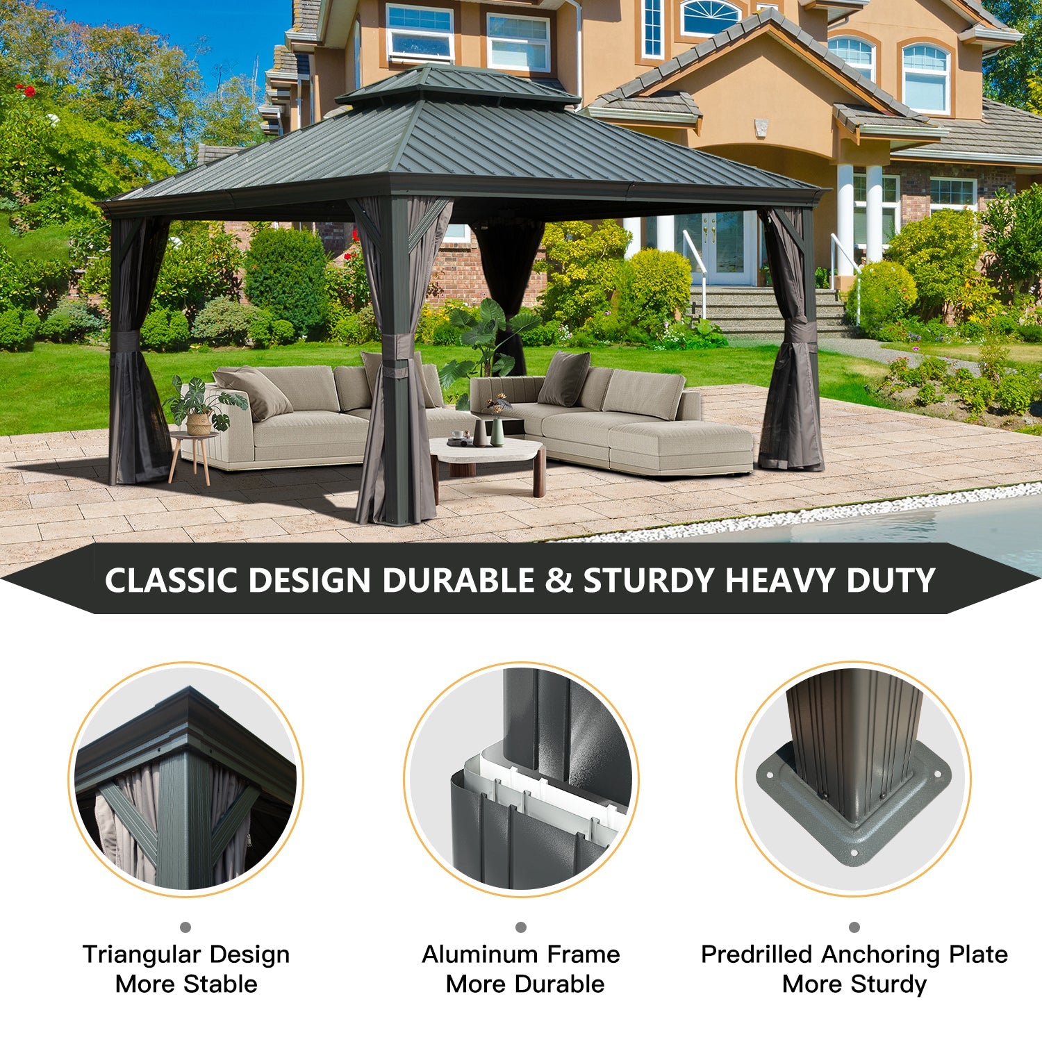 10' x 12' Hardtop Gazebo Outdoor Metal Gazebo with Galvanized Steel Double Roof Canopy, Aluminum Frame, Curtains and
