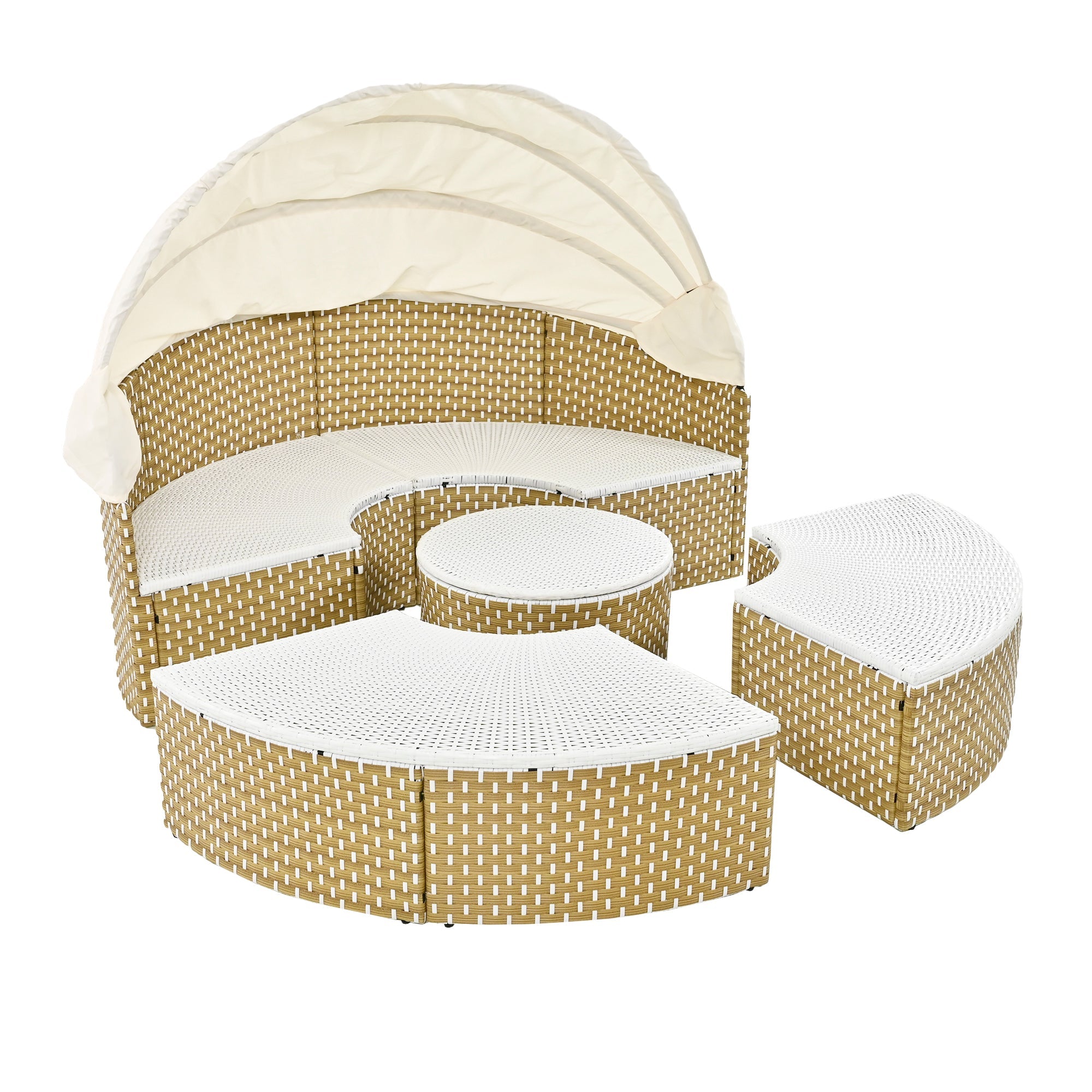 Outdoor Patio Round Rattan Daybed Sectional Beige Retractable Canopy
