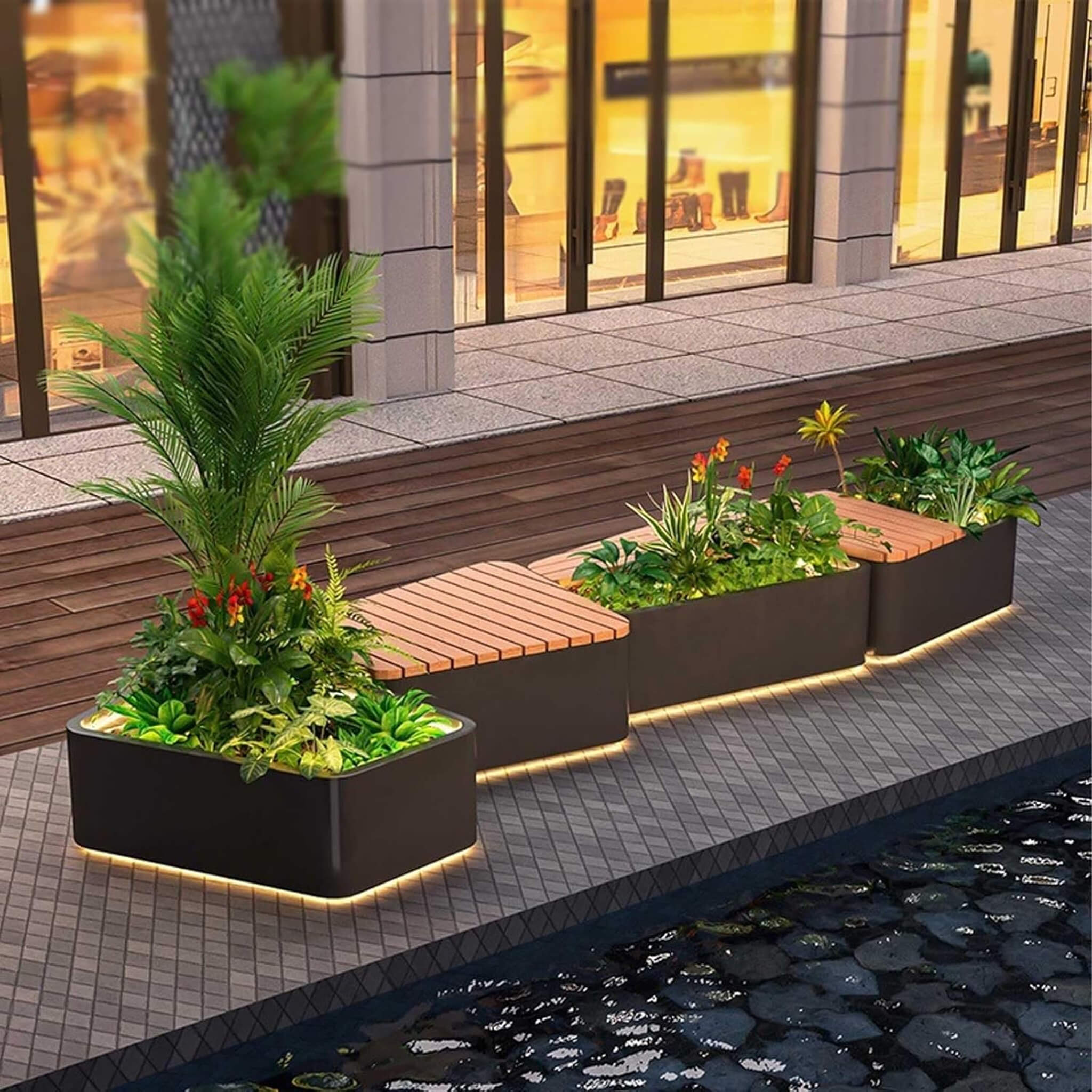 Heavy-Duty Commercial Outdoor Stainless Steel Bench With Wood Seat And Planter Box