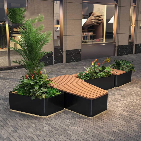 Heavy-Duty Commercial Outdoor Stainless Steel Bench With Wood Seat And Planter Box