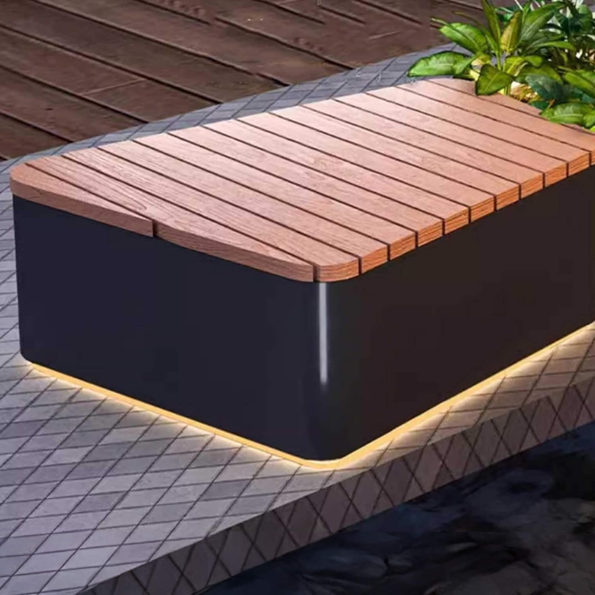 Heavy-Duty Commercial Outdoor Stainless Steel Bench With Wood Seat And Planter Box
