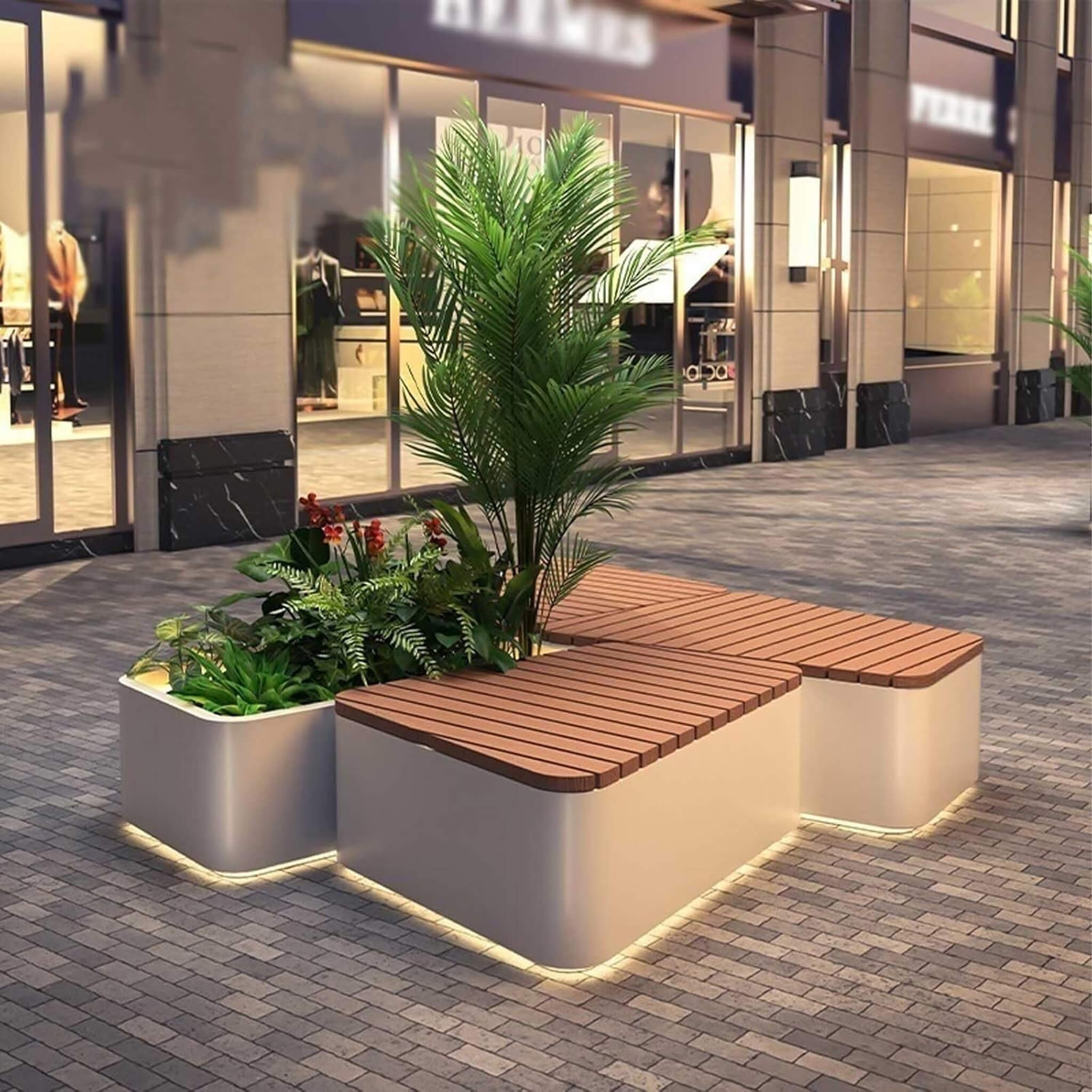 Heavy-Duty Commercial Outdoor Stainless Steel Bench With Wood Seat And Planter Box