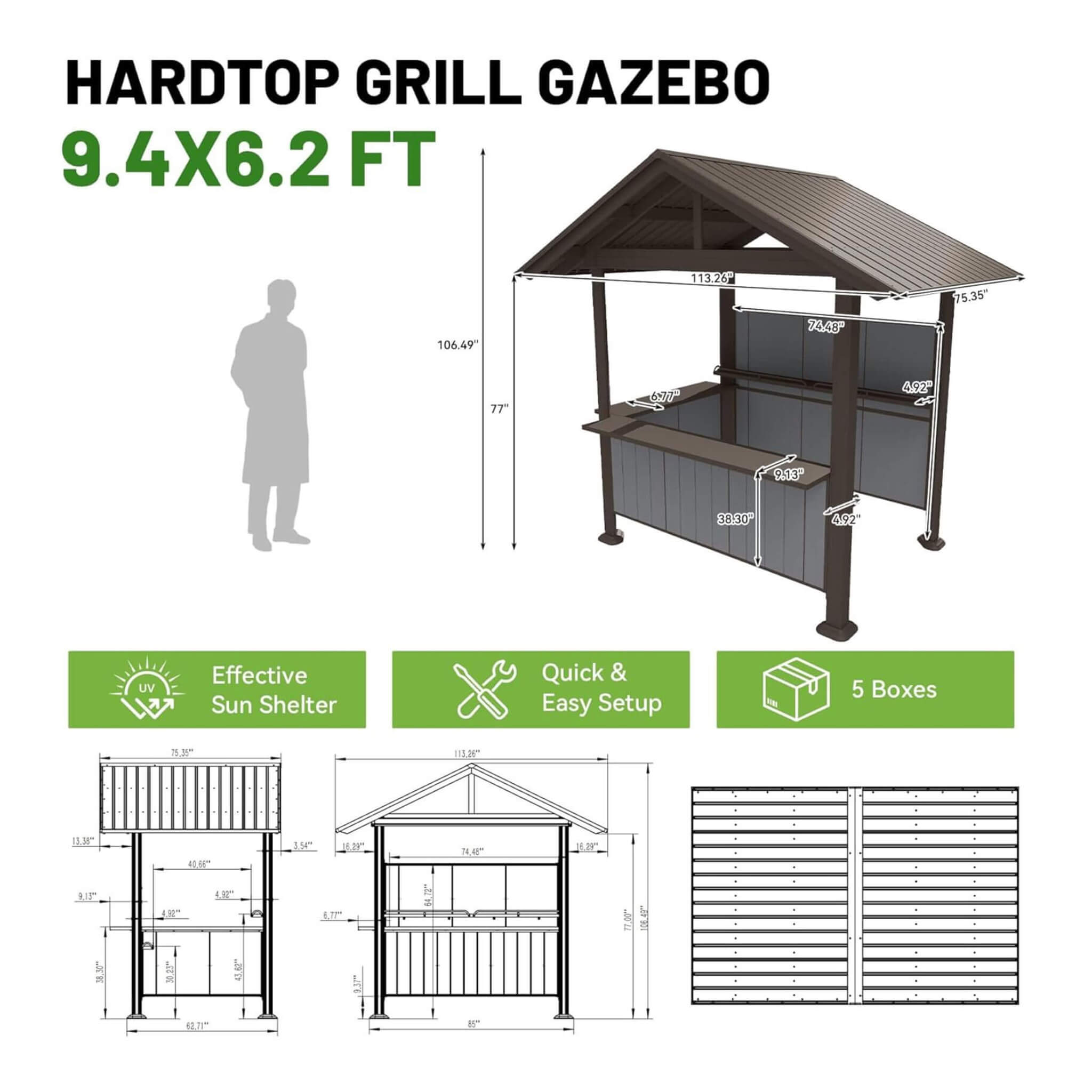 6 X 9 FT  Heavy-Duty Gable Roof Hardtop Grill Gazebo