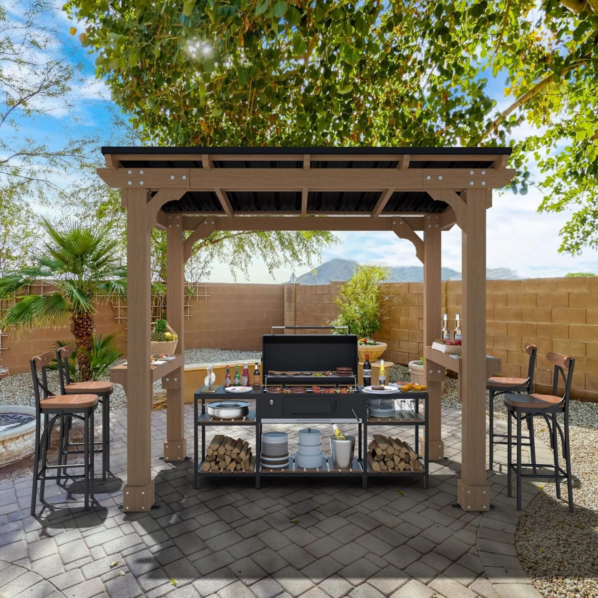 Heavy-Duty Premium Wooden Grill Gazebo with Sloped Metal Roof