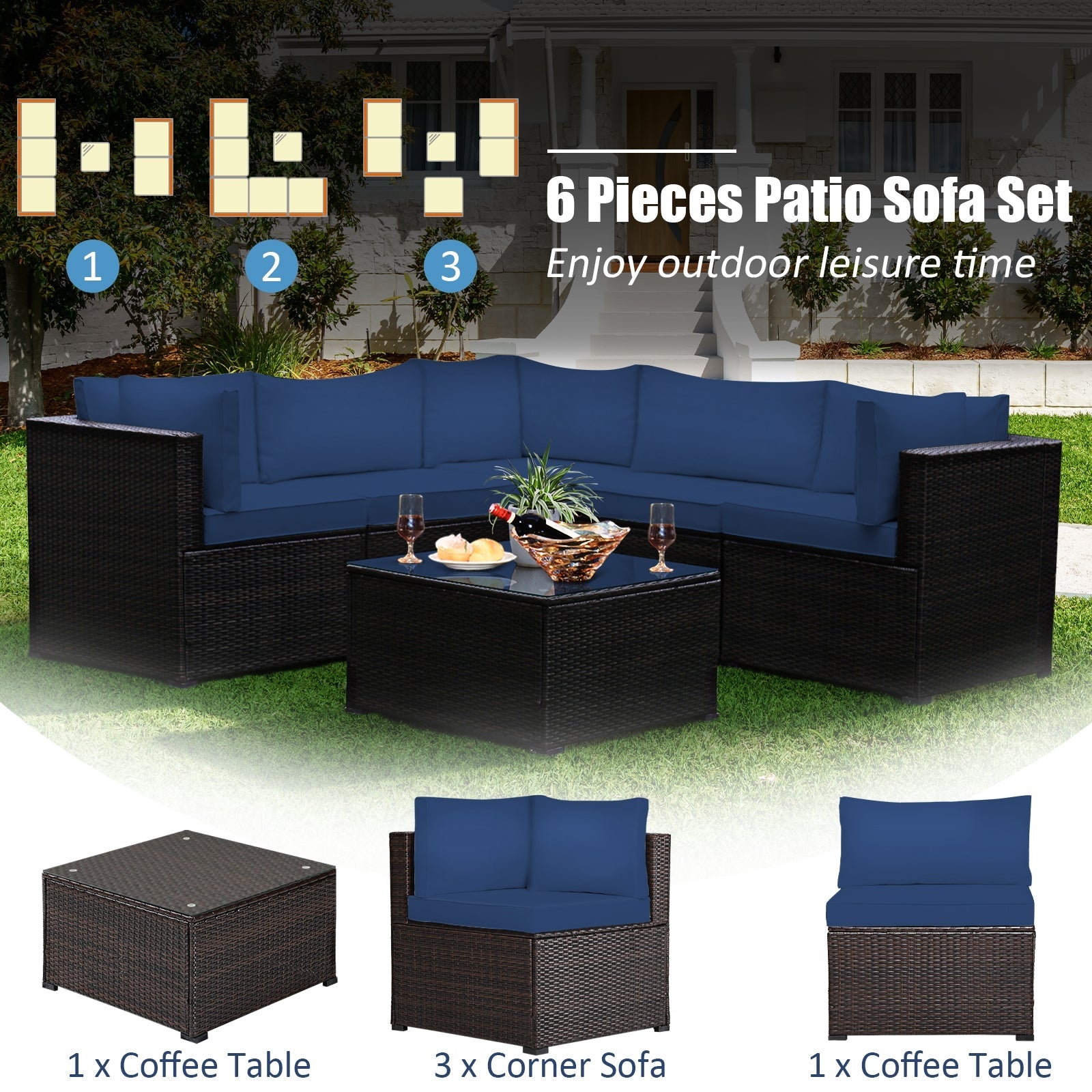 6 Piece Patio Furniture Sofa Set with Cushions