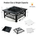 32 Inch 3 in 1 Outdoor Square Fire Pit Table with BBQ Grill and Rain Cover