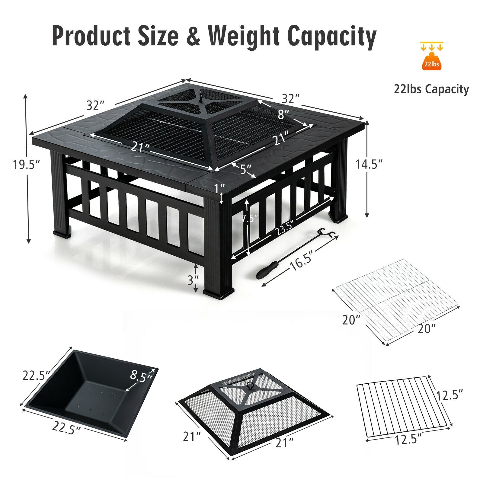 32 Inch 3 in 1 Outdoor Square Fire Pit Table with BBQ Grill and Rain Cover