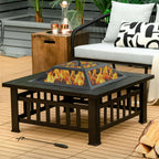 32 Inch 3 in 1 Outdoor Square Fire Pit Table with BBQ Grill and Rain Cover