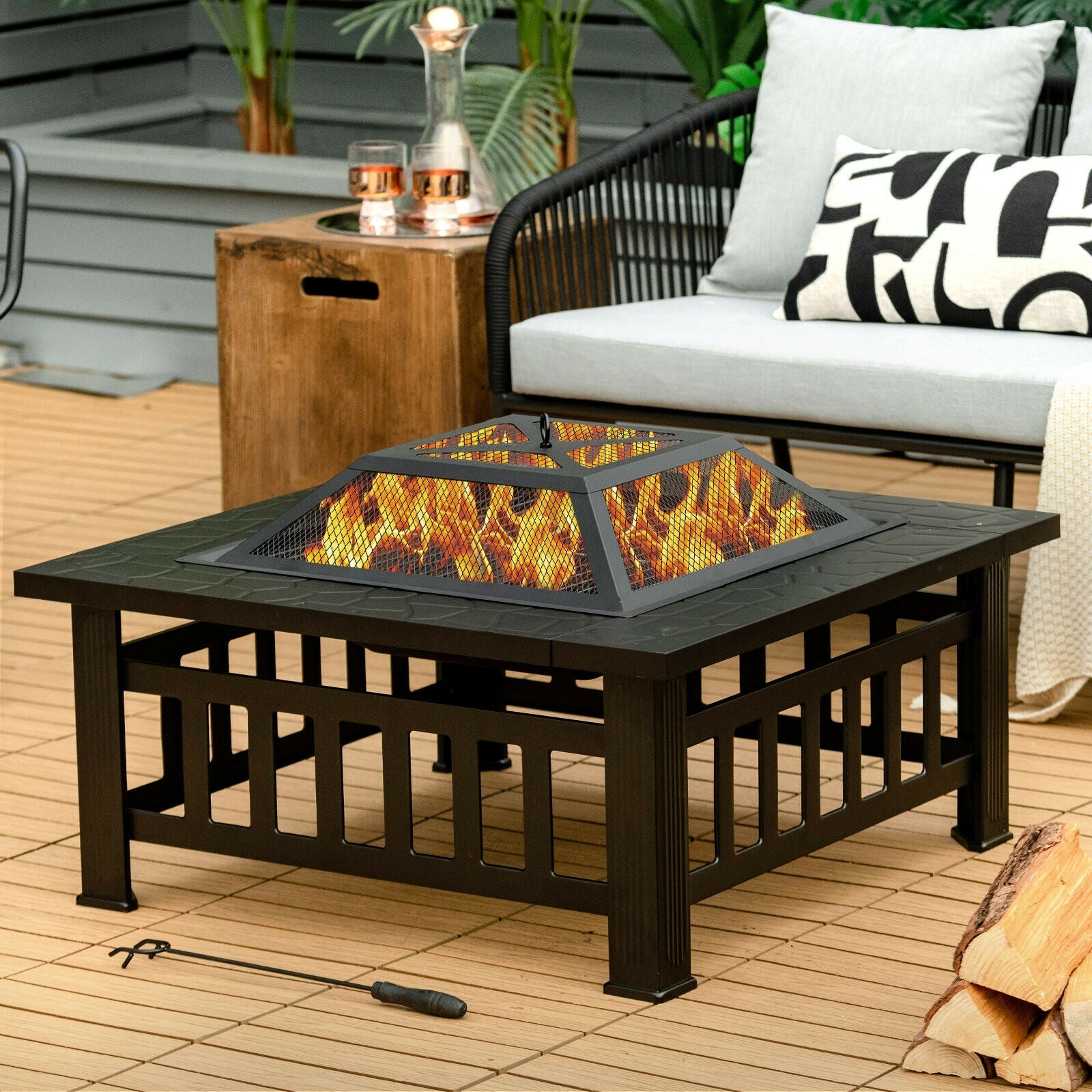 32 Inch 3 in 1 Outdoor Square Fire Pit Table with BBQ Grill and Rain Cover