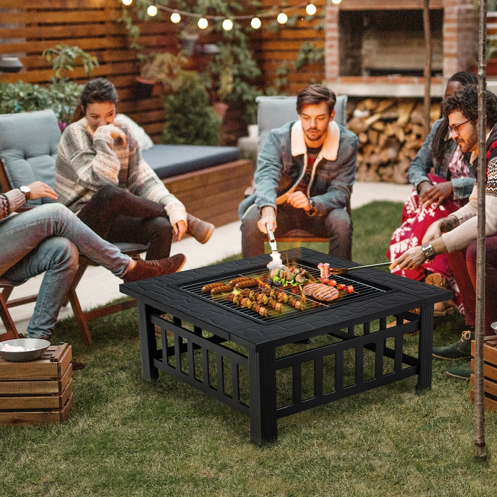 32 Inch 3 in 1 Outdoor Square Fire Pit Table with BBQ Grill and Rain Cover