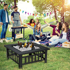 32 Inch 3 in 1 Outdoor Square Fire Pit Table with BBQ Grill and Rain Cover