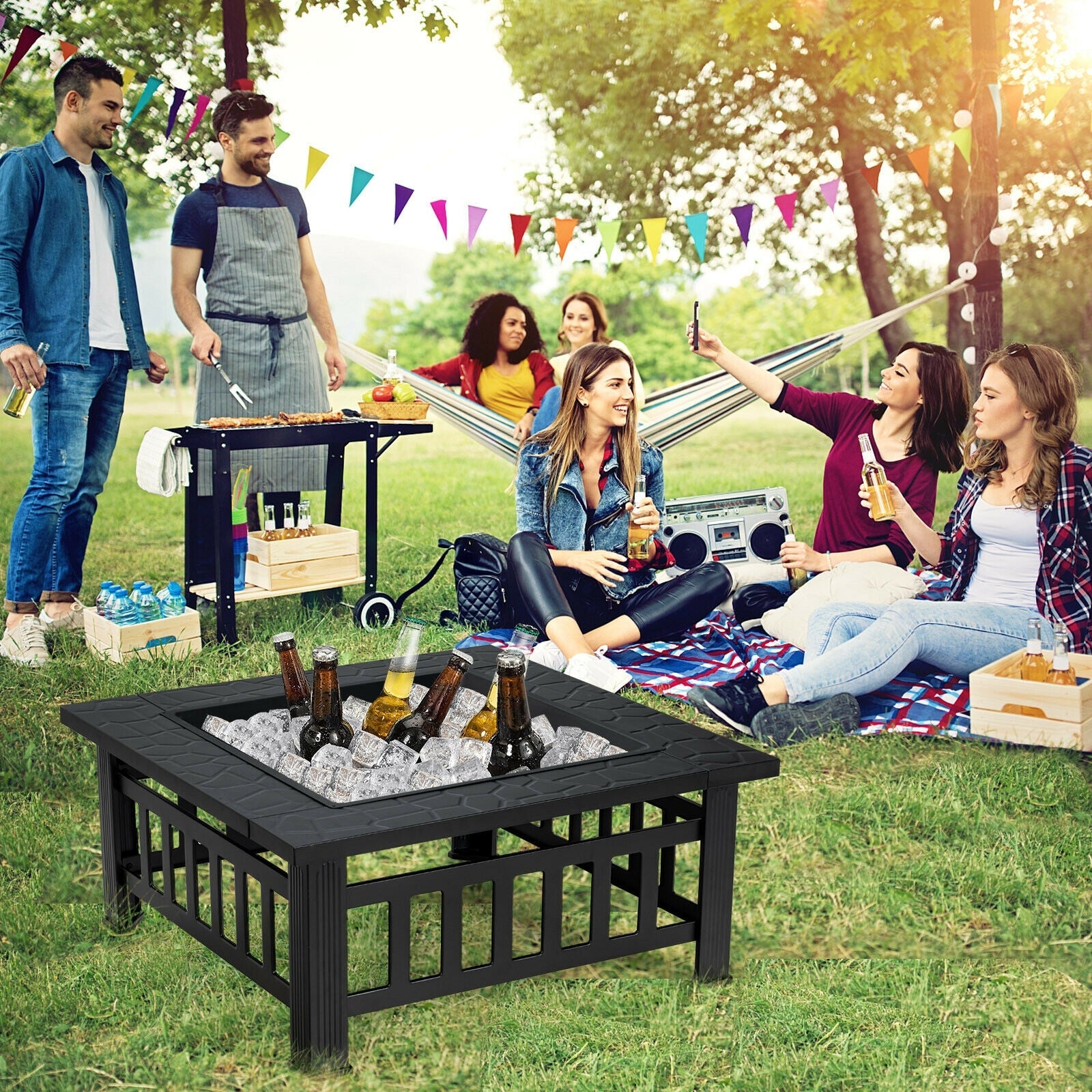 32 Inch 3 in 1 Outdoor Square Fire Pit Table with BBQ Grill and Rain Cover