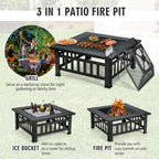 32 Inch 3 in 1 Outdoor Square Fire Pit Table with BBQ Grill and Rain Cover