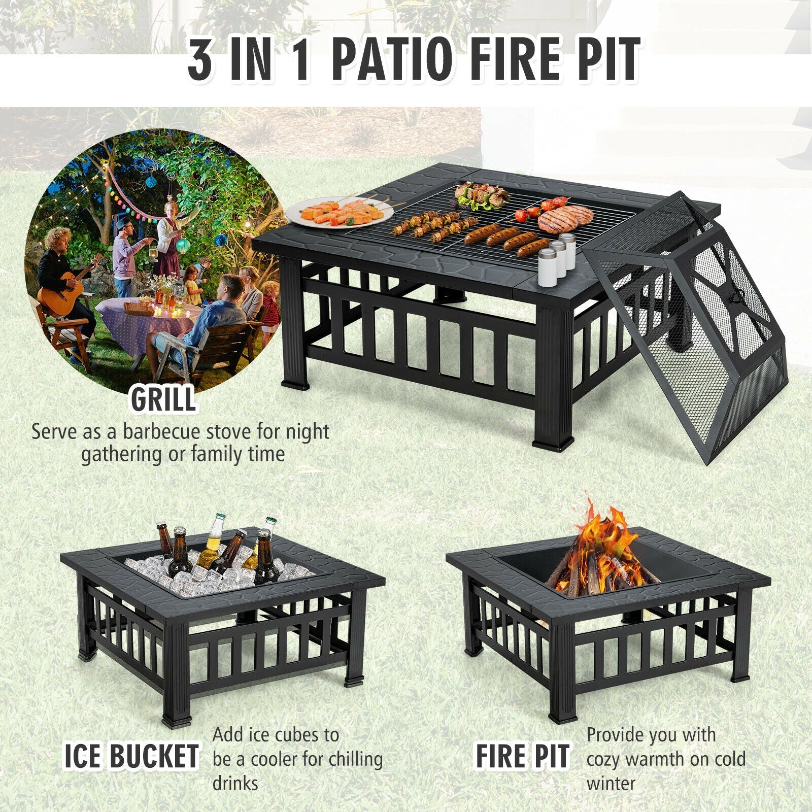 32 Inch 3 in 1 Outdoor Square Fire Pit Table with BBQ Grill and Rain Cover