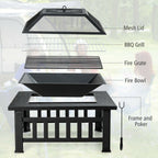 32 Inch 3 in 1 Outdoor Square Fire Pit Table with BBQ Grill and Rain Cover