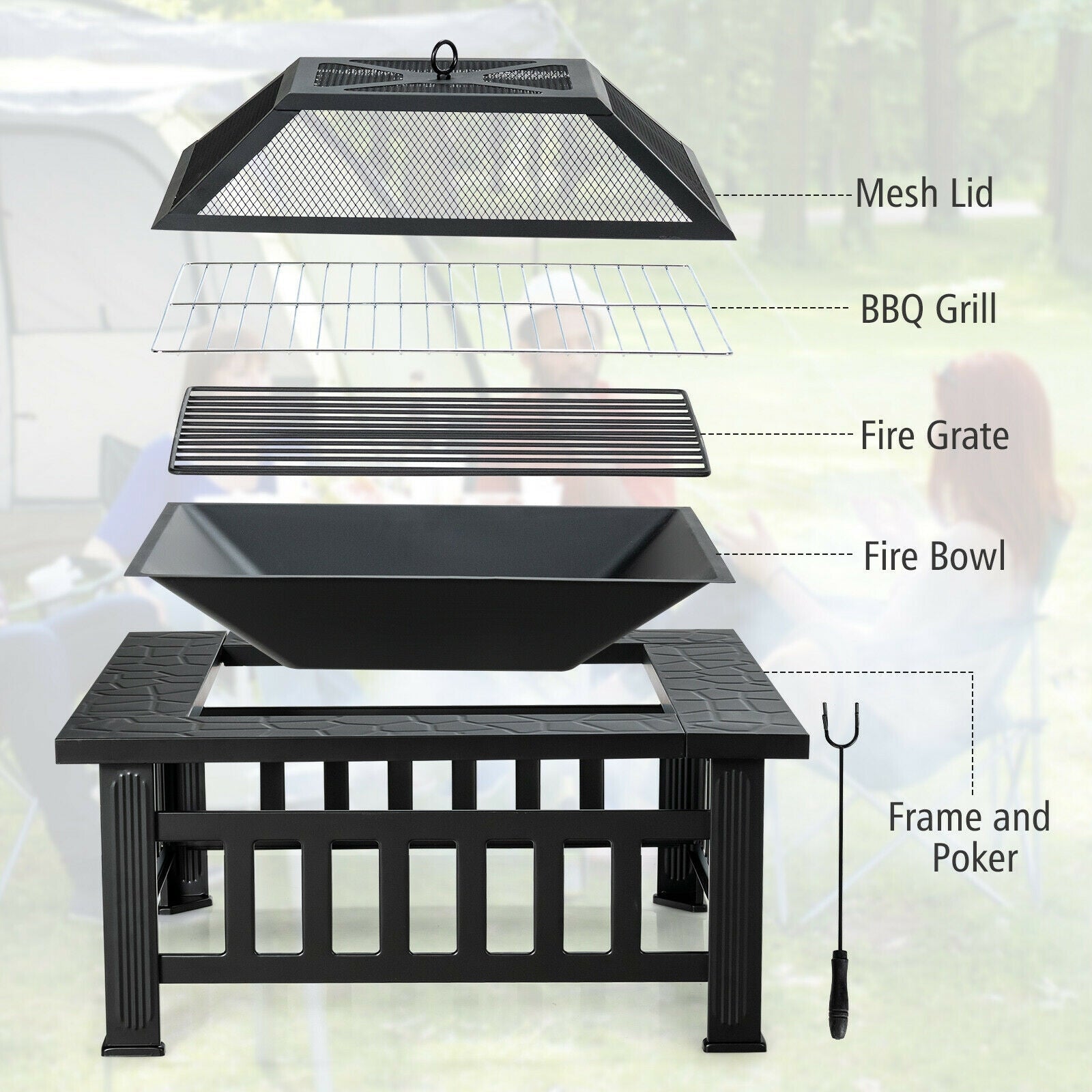 32 Inch 3 in 1 Outdoor Square Fire Pit Table with BBQ Grill and Rain Cover