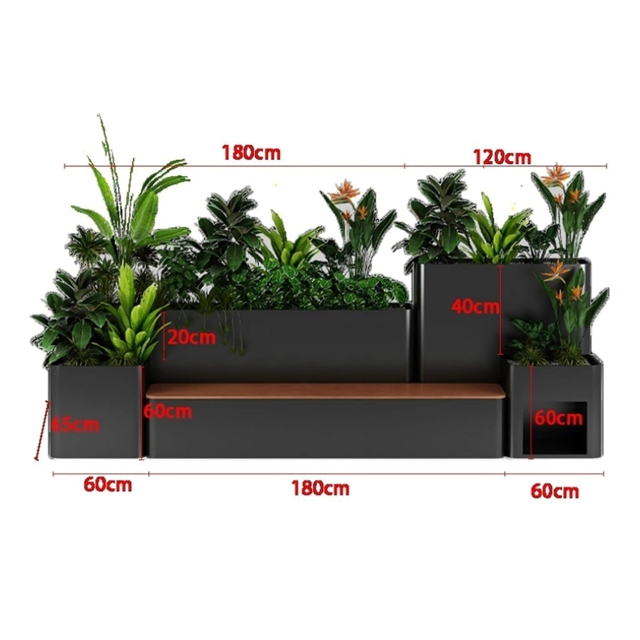 10FT Large Industrial Outdoor Flowerbox Bench With Metal Planter and Hardwood Seat