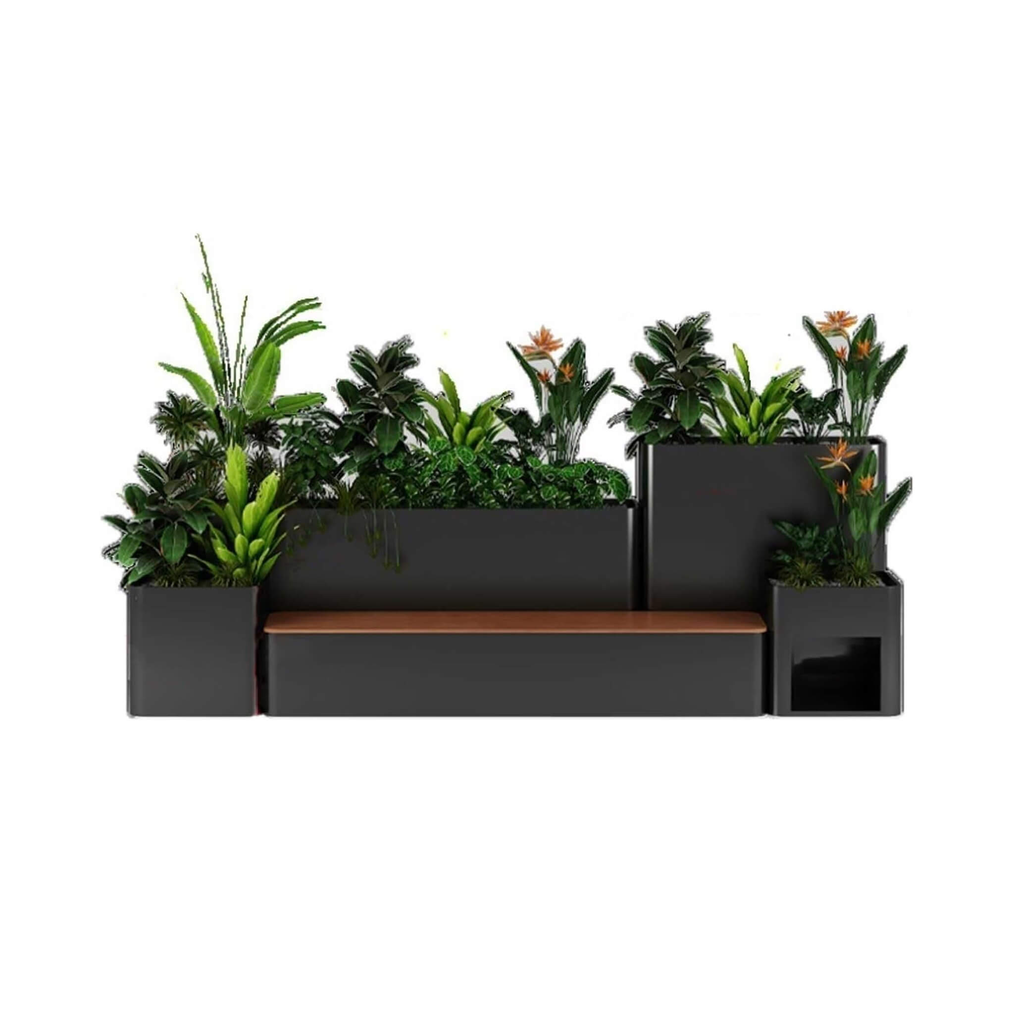 10FT Large Industrial Outdoor Flowerbox Bench With Metal Planter and Hardwood Seat