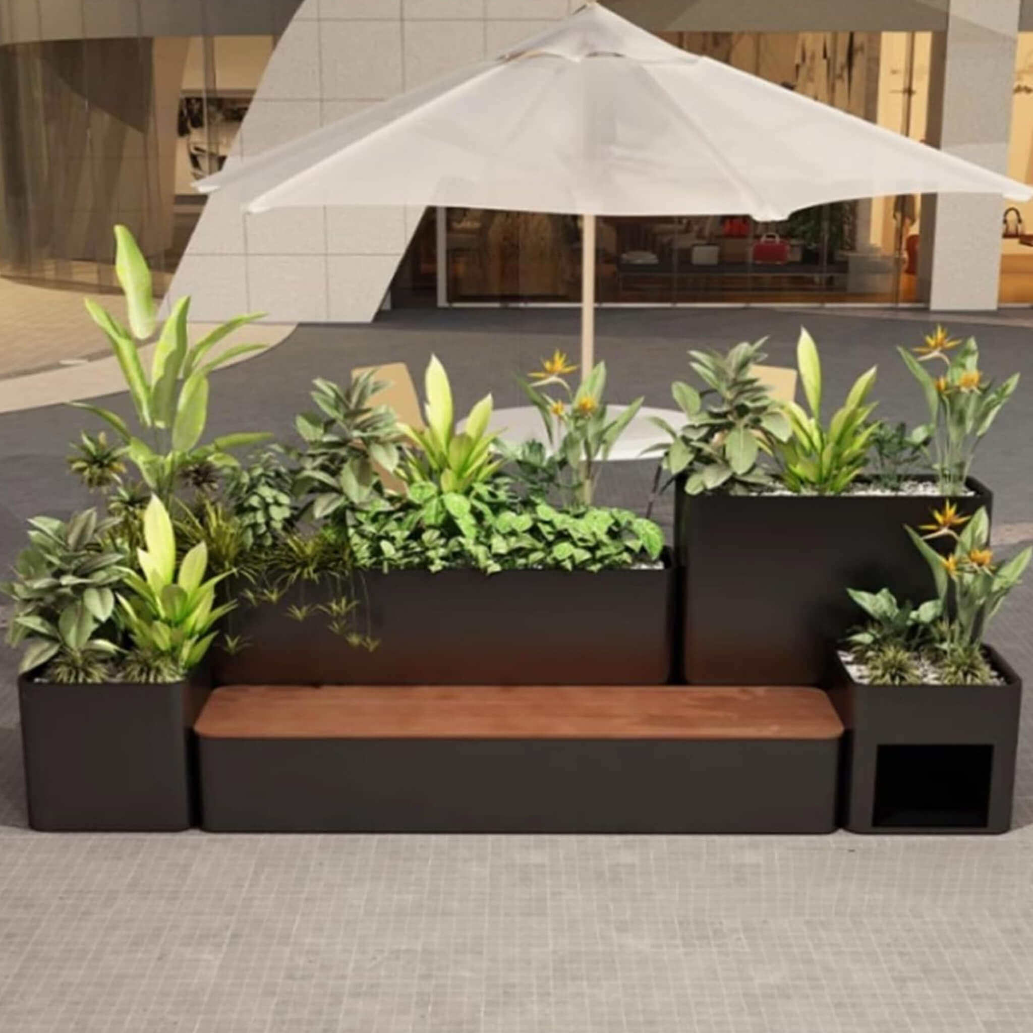 10FT Large Industrial Outdoor Flowerbox Bench With Metal Planter and Hardwood Seat