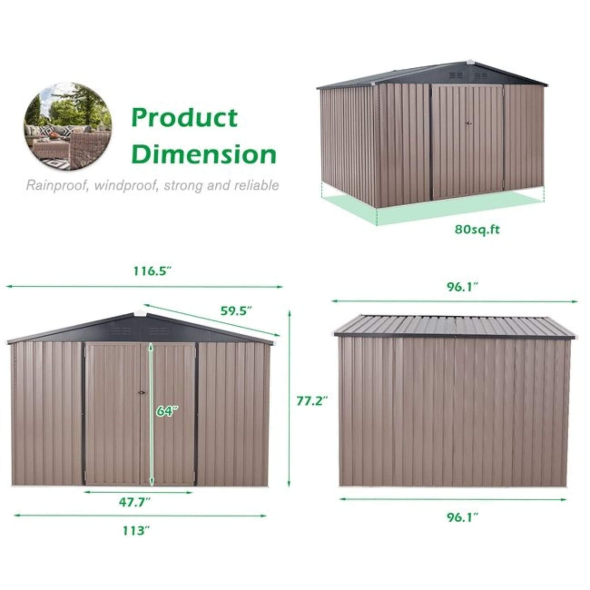 8 X 10 FT  Large Heavy-Duty Outdoor Metal Garden Tools Storage Utility Shed W/ Lockable Door