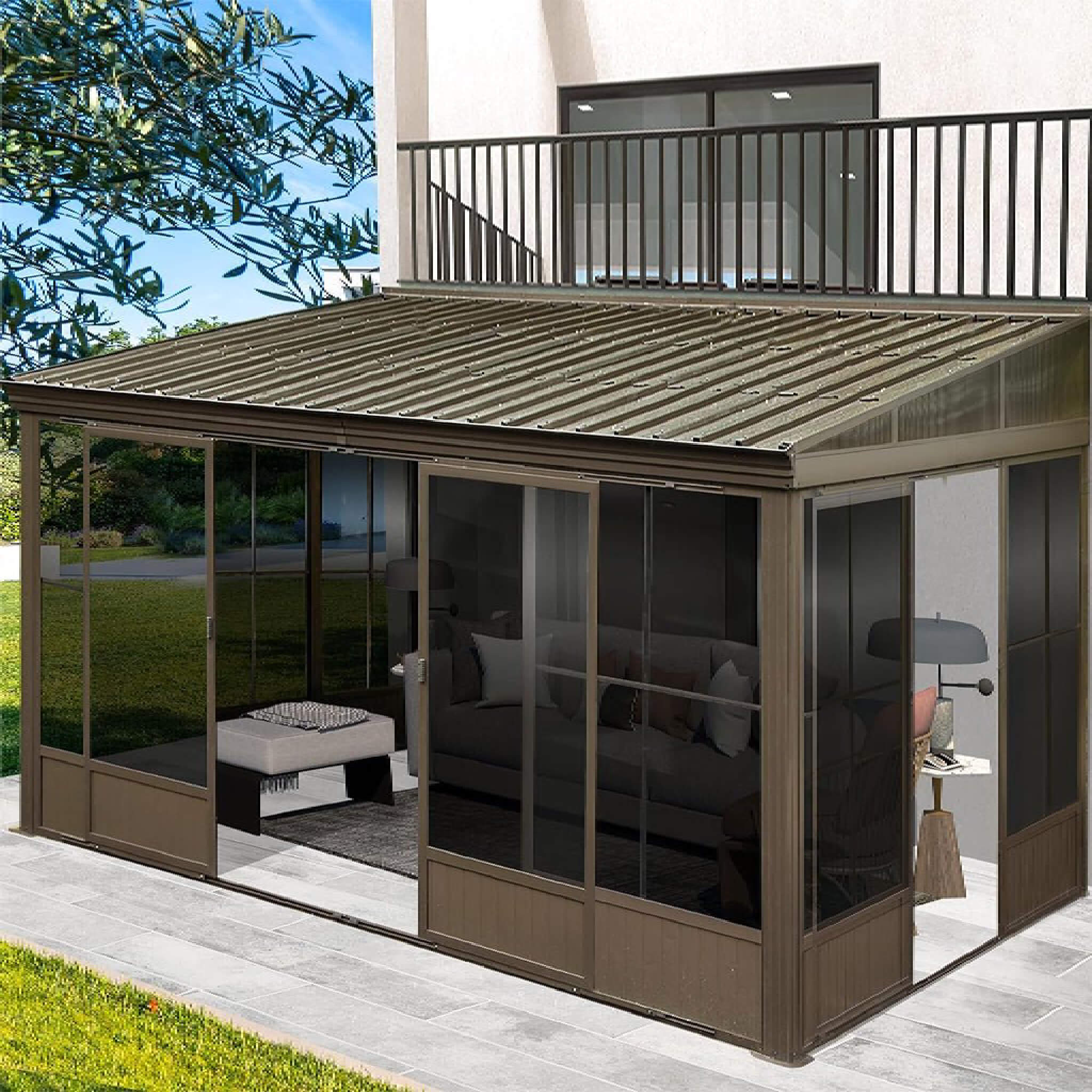 12 X 14 FT  Haven Large Outdoor All-Season Wall-Mounted Sunroom with Galvanized Steel Roof & Moveable PVC Screen
