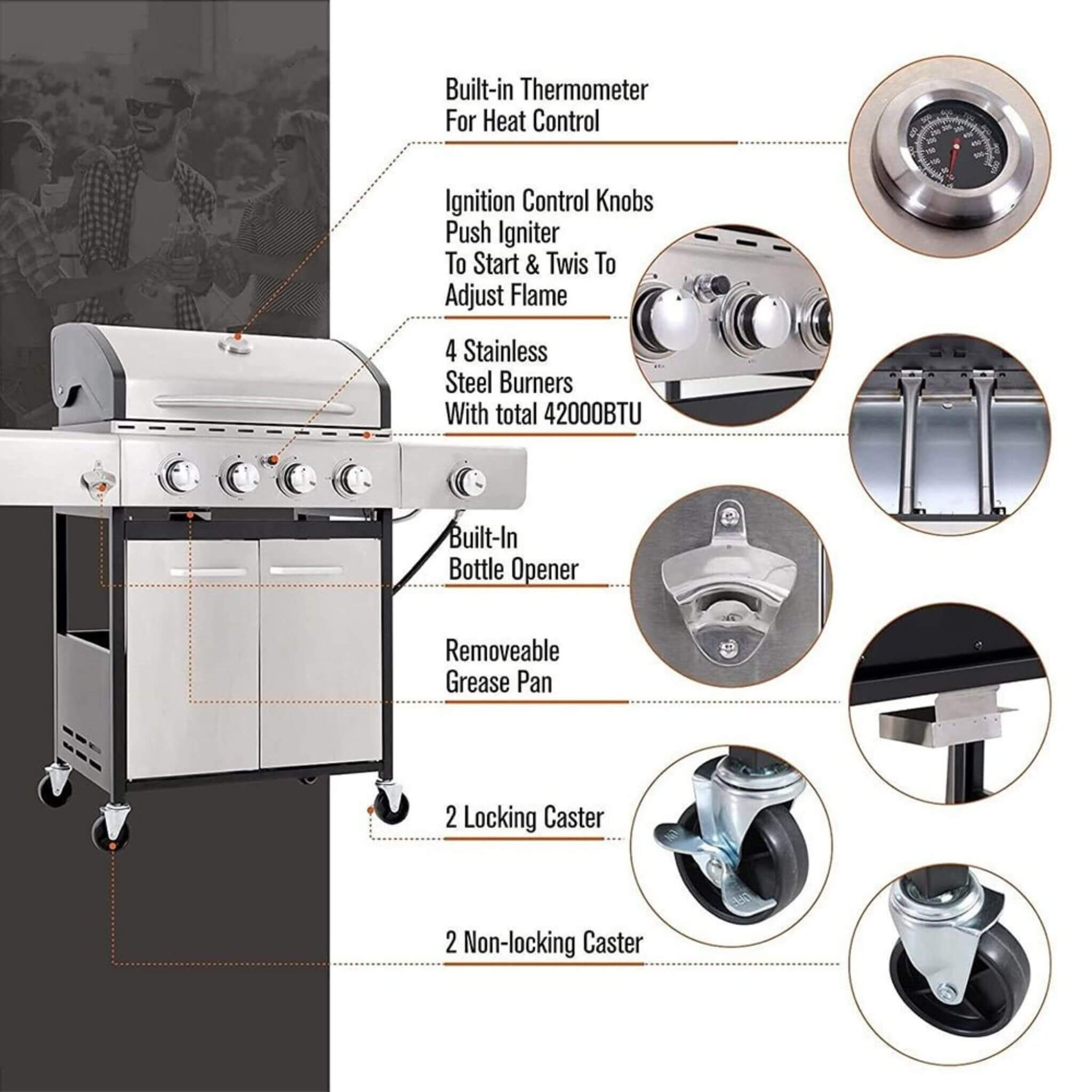 Large Outdoor 42K BTU BBQ Stainless Steel Propane Gas Grill With 4 Burners