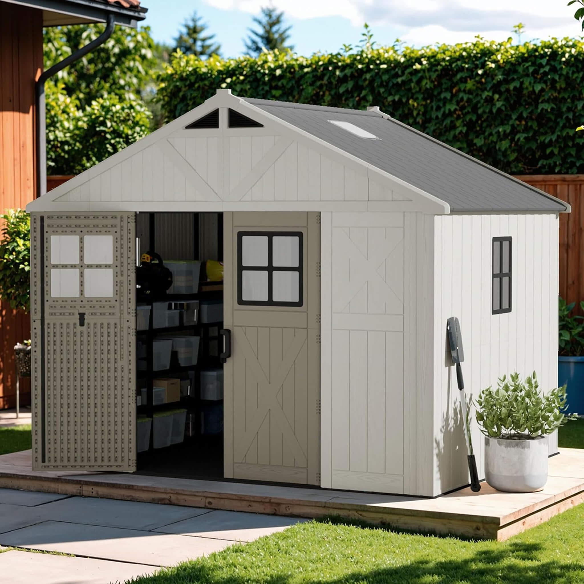 Large Resin Outdoor Storage Shed With Floor, Windows, And Lockable Door