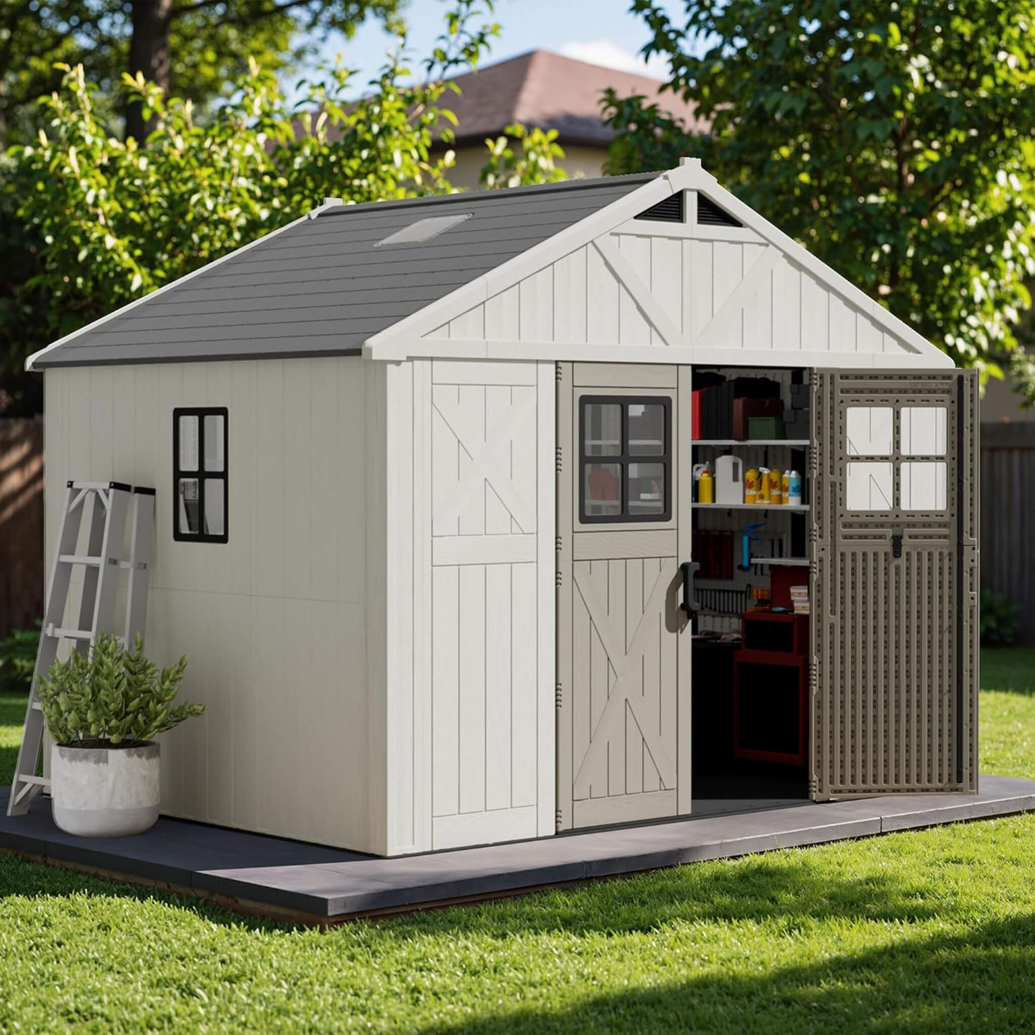 Large Resin Outdoor Storage Shed With Floor, Windows, And Lockable Door