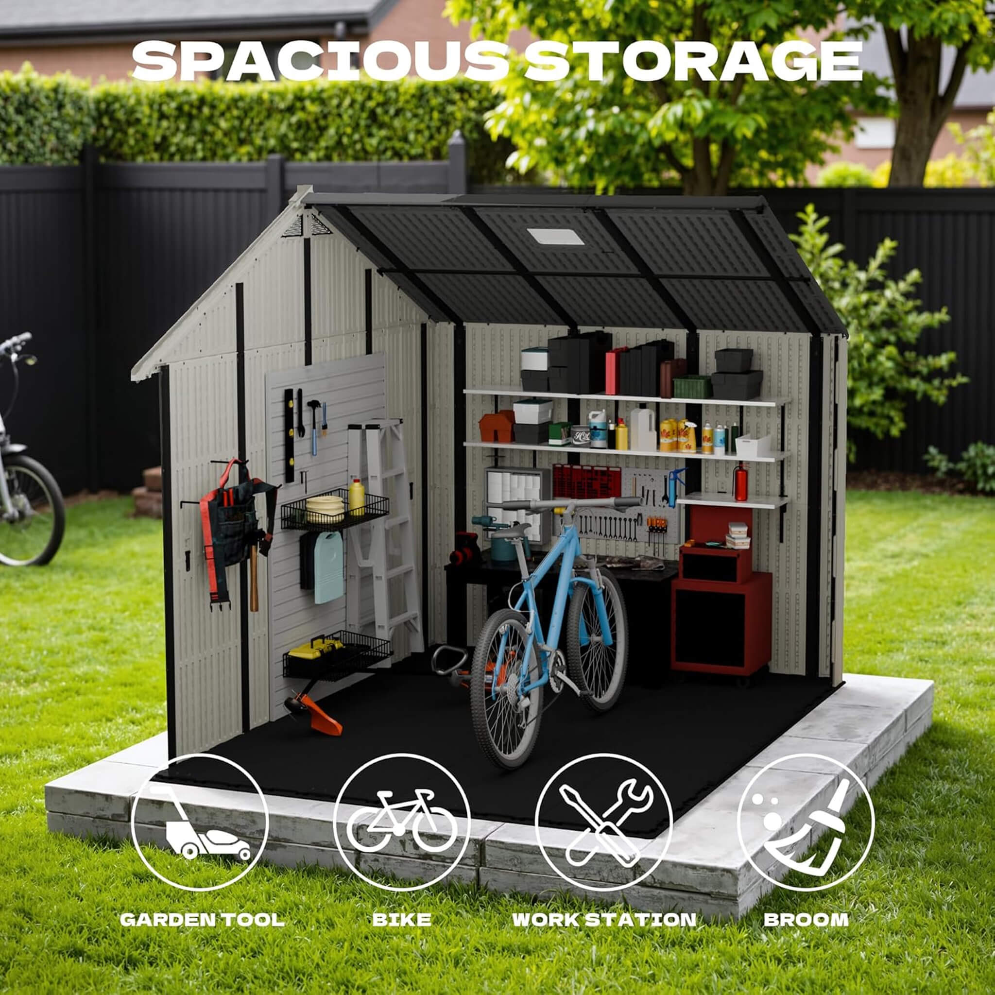 Large Resin Outdoor Storage Shed With Floor, Windows, And Lockable Door