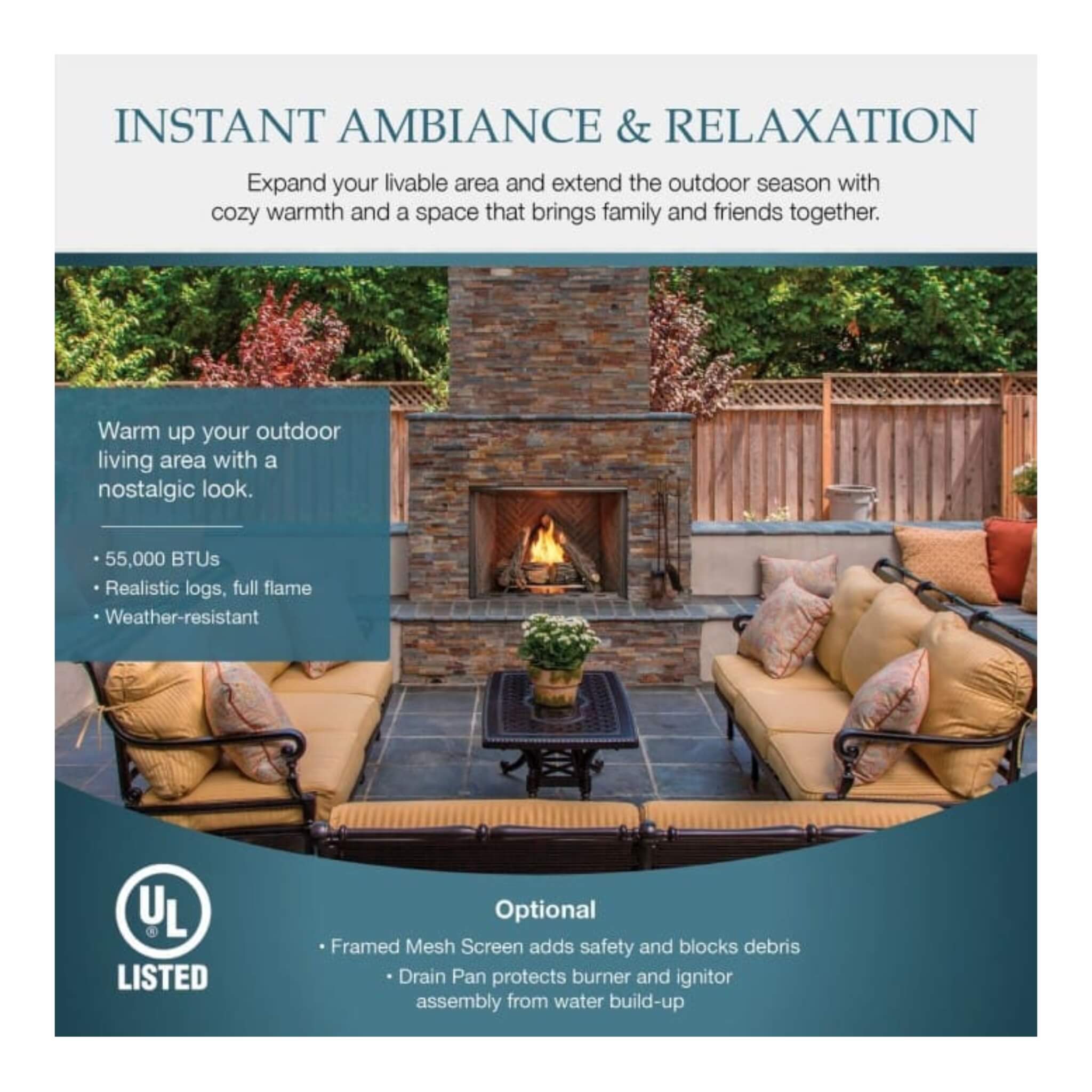 Courtyard 55K BTU 42-Inch Traditional Outdoor Gas Fireplace With Stacked Concrete Refractory